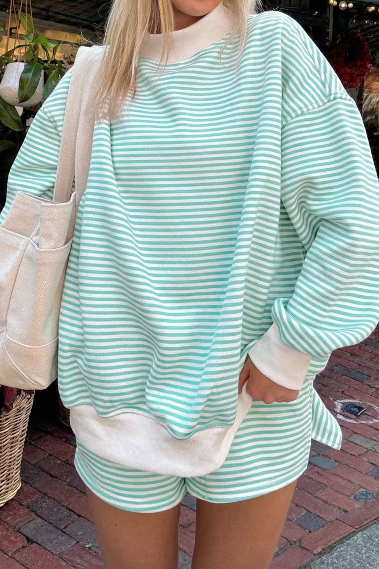 Red Stripe Oversize Mock Neck Sweatshirt and Shorts Set