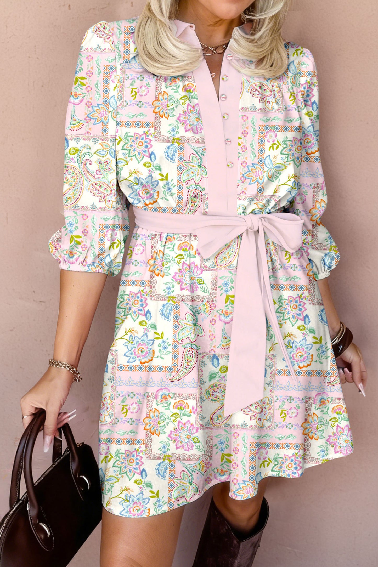 Boho Floral Print Color Block Trim Half Button Belted Mini Dress