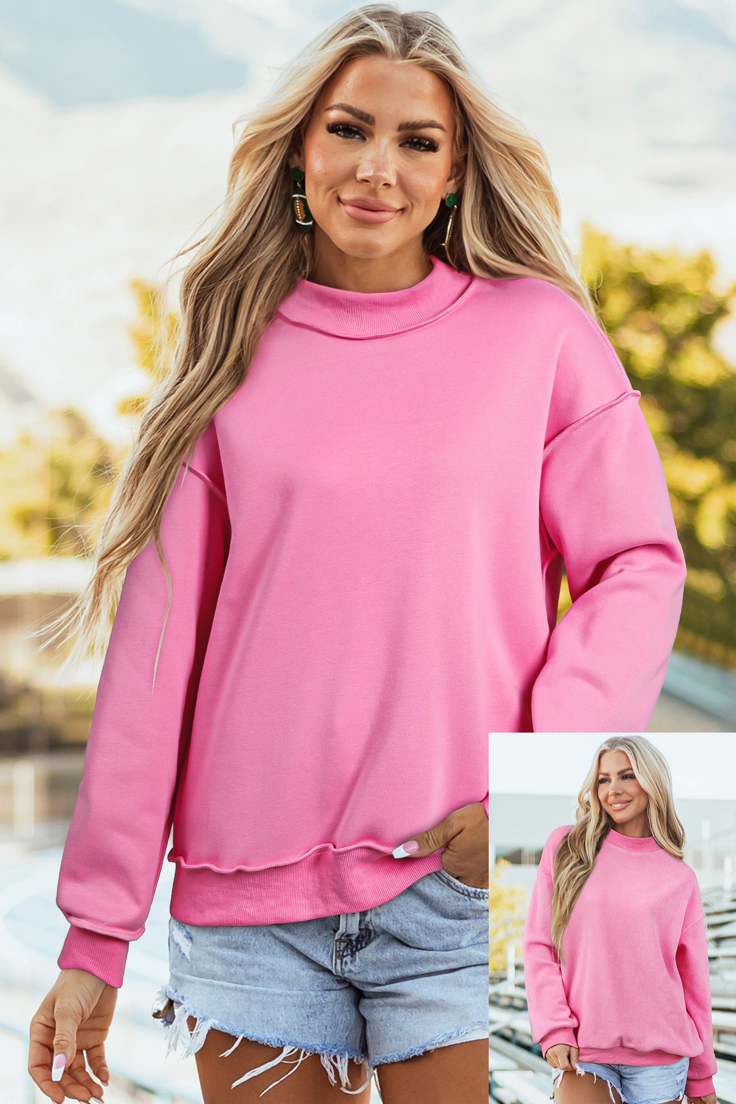 Oversize Drop Shoulder Reversible Mock Neck Sweatshirt