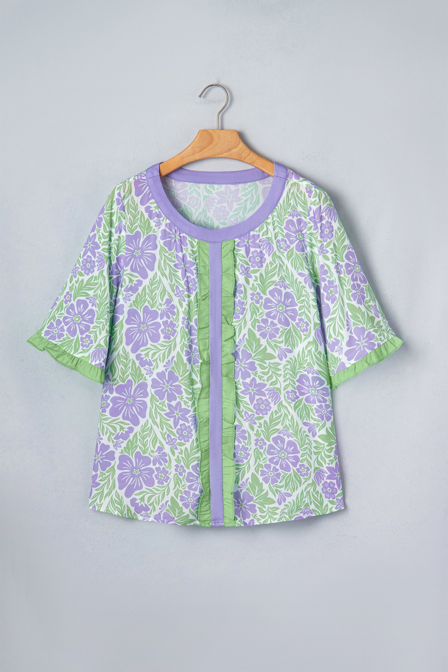 Floral Print Ruffled Color Block Trim Half Sleeve Blouse