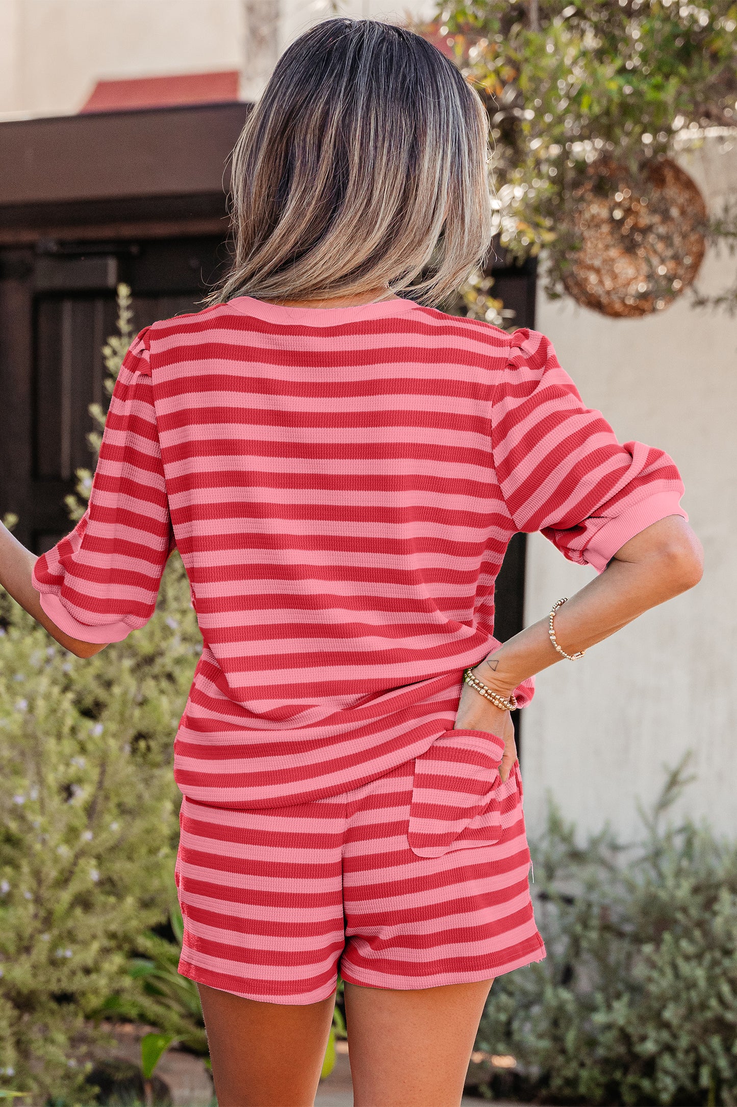 Stripe Puff Short Sleeve Shorts Set