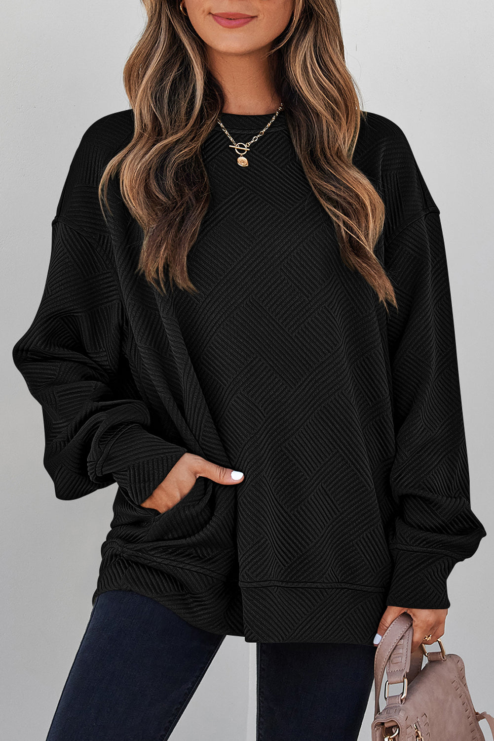 Textured Round Neck Drop Shoulder Pullover Sweatshirt