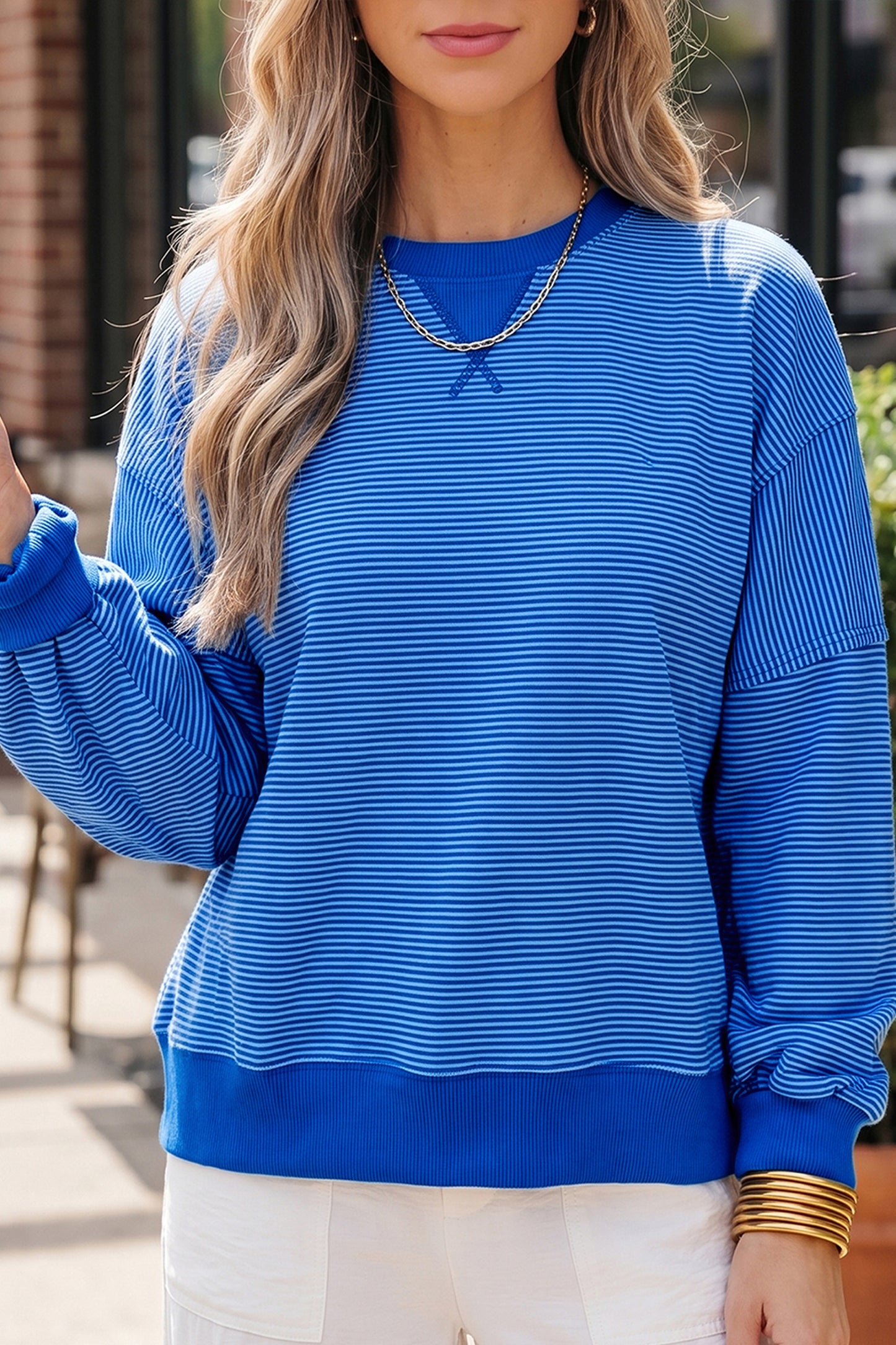 Stripe Ribbed Cuffs Hem Long Sleeve Pullover Top