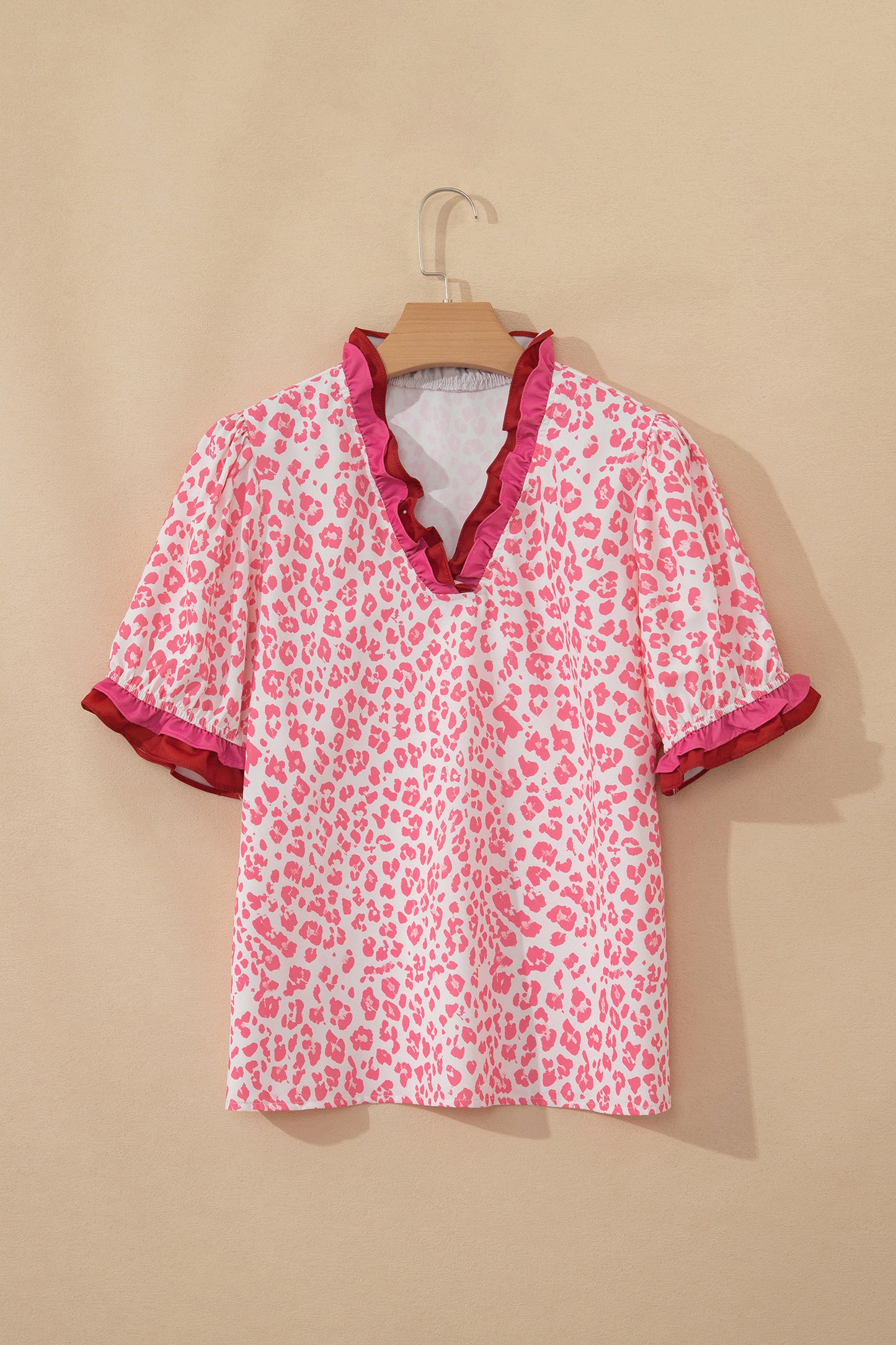 Stripe Ruffled Trim V Neck Leopard Print Short Sleeve Blouse