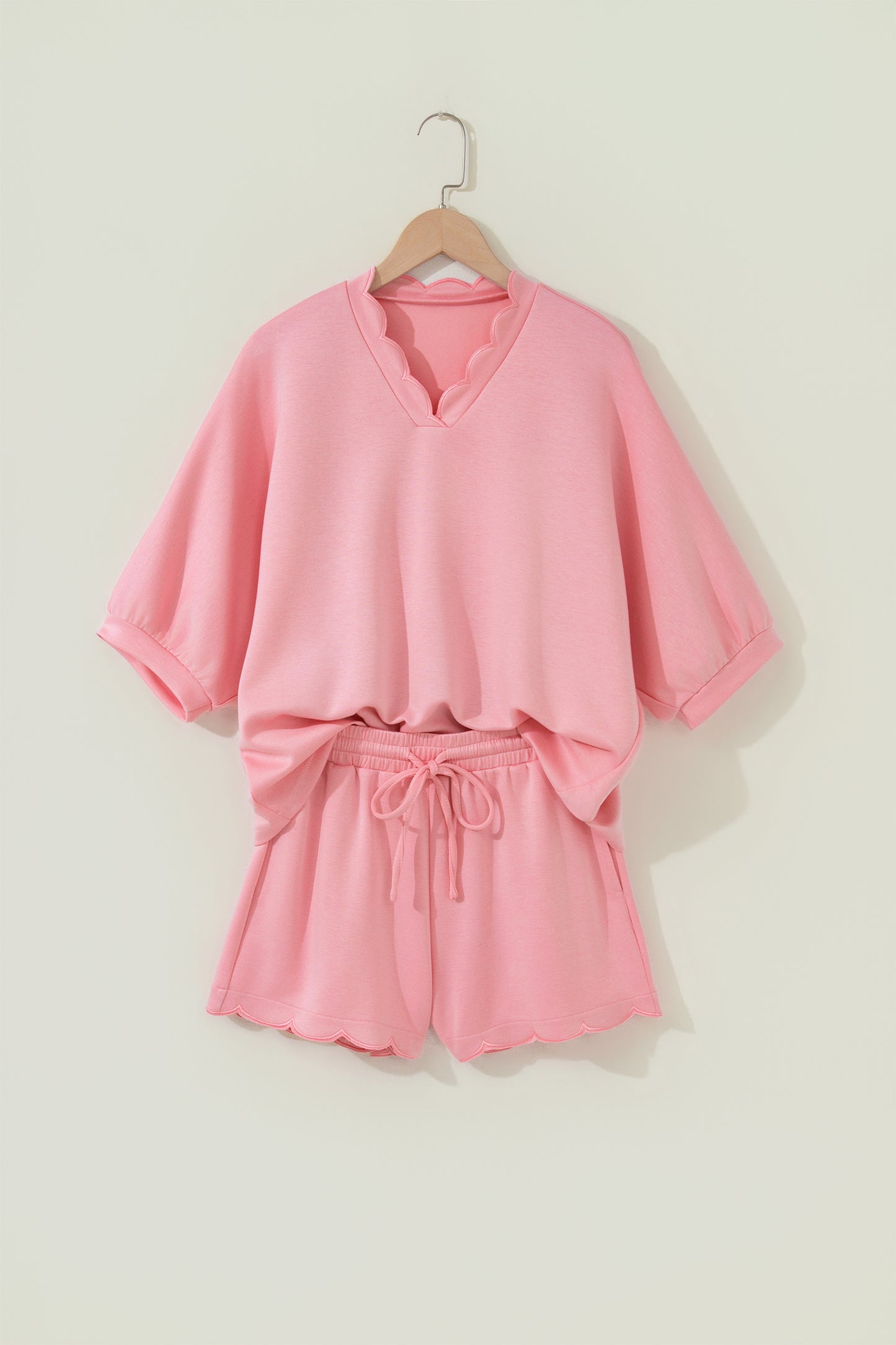 Scalloped V Neck Dolman Oversize Top Drawstring Short Set