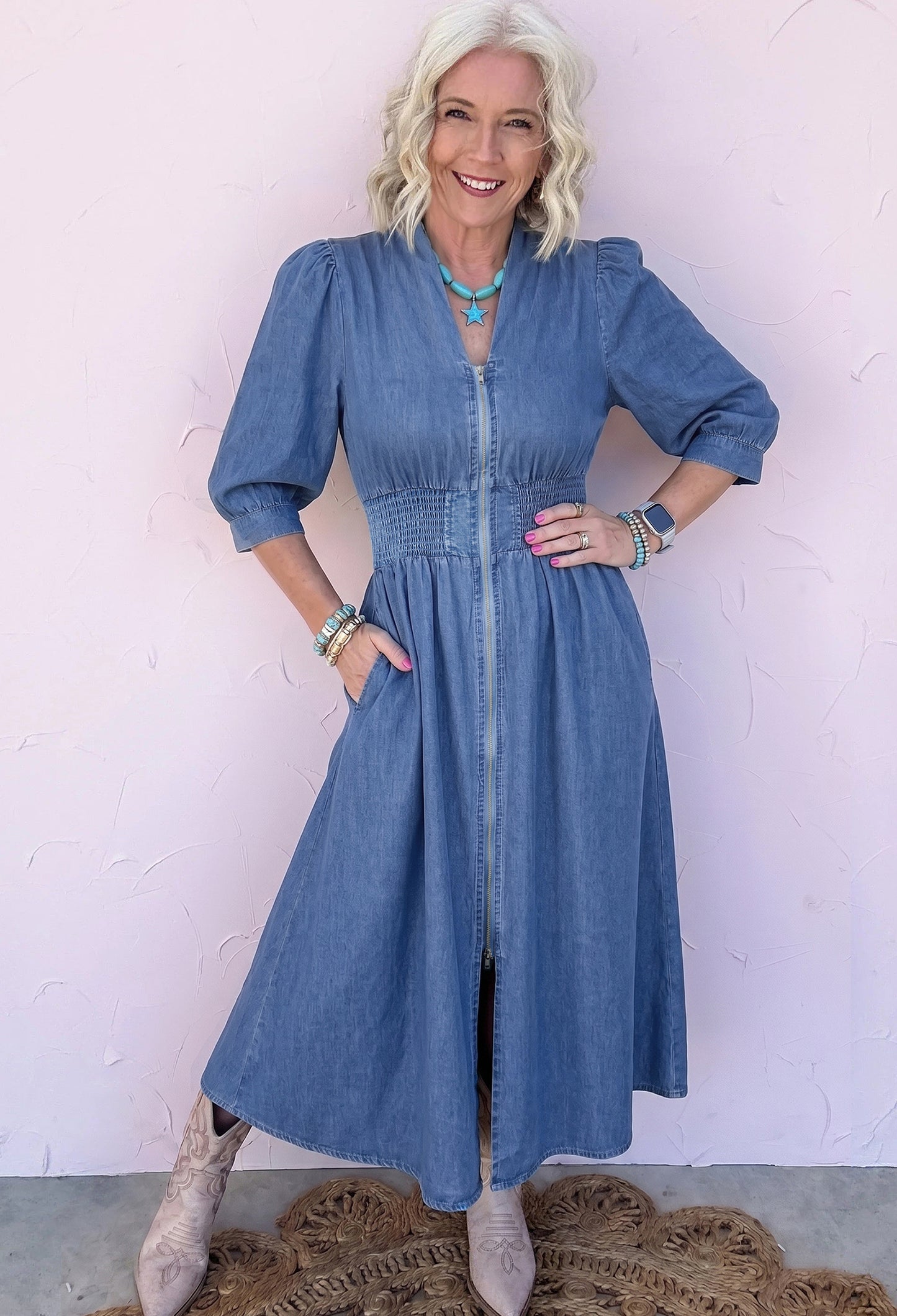 V Neck Shirred Waist Metal Zipper Denim Midi Dress