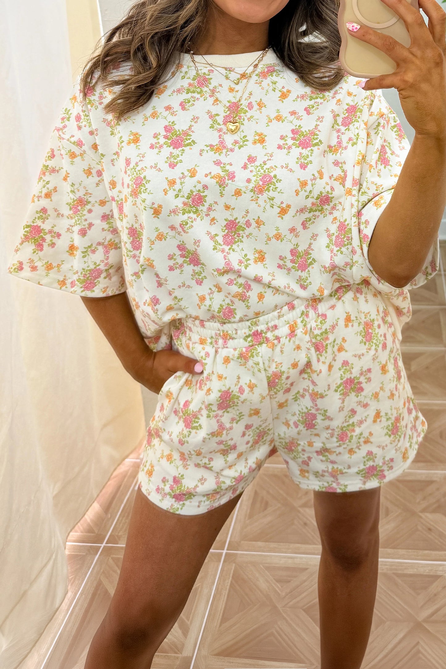 Floral Print Short Sleeve Elastic Waist Pocket Two Piece Set