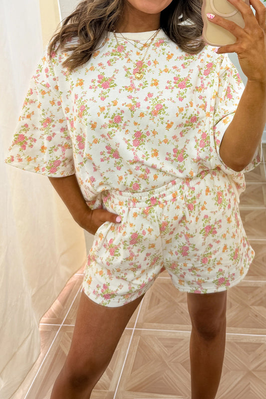 Floral Print Short Sleeve Elastic Waist Pocket Two Piece Set