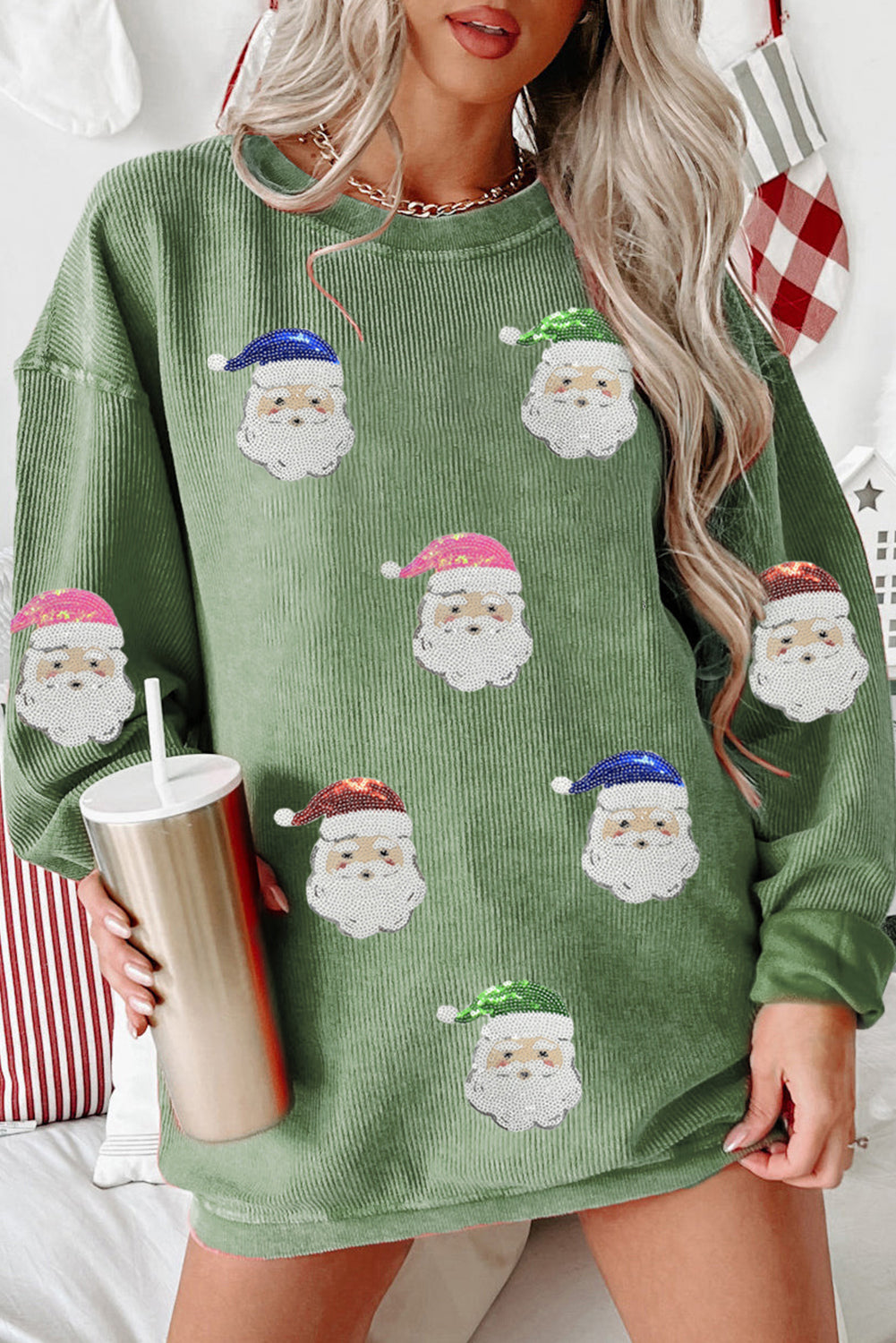 Corded Ribbed Sequin Patched Santa Claus Graphic Sweatshirt