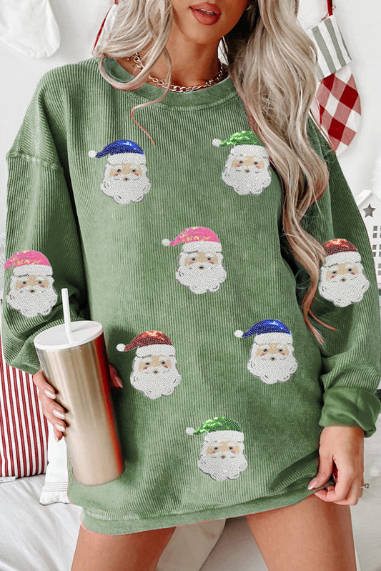 Corded Ribbed Sequin Patched Santa Claus Graphic Sweatshirt