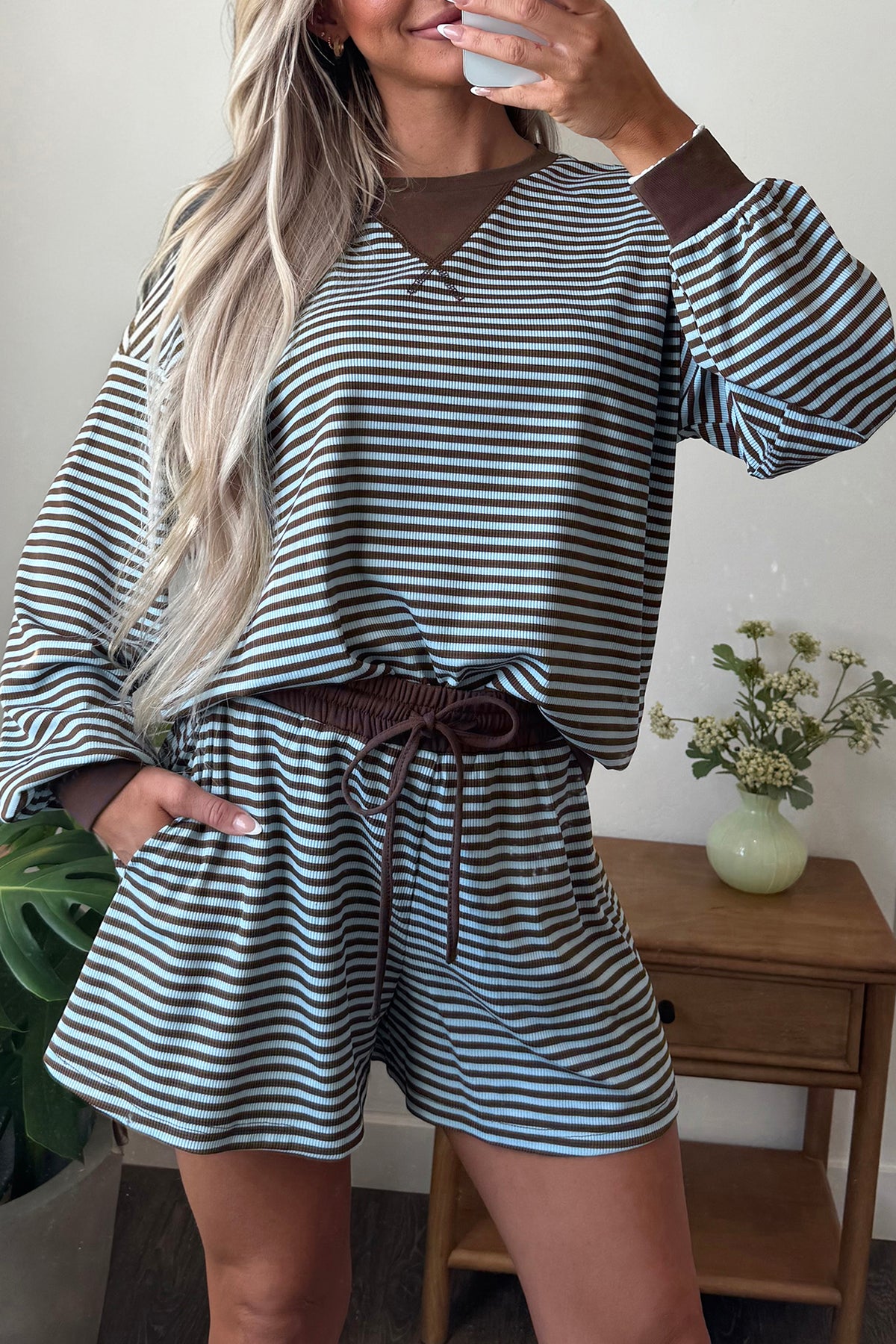 Stripe Oversized Long Sleeve Top Drawstring Loose Shorts 2pcs Set