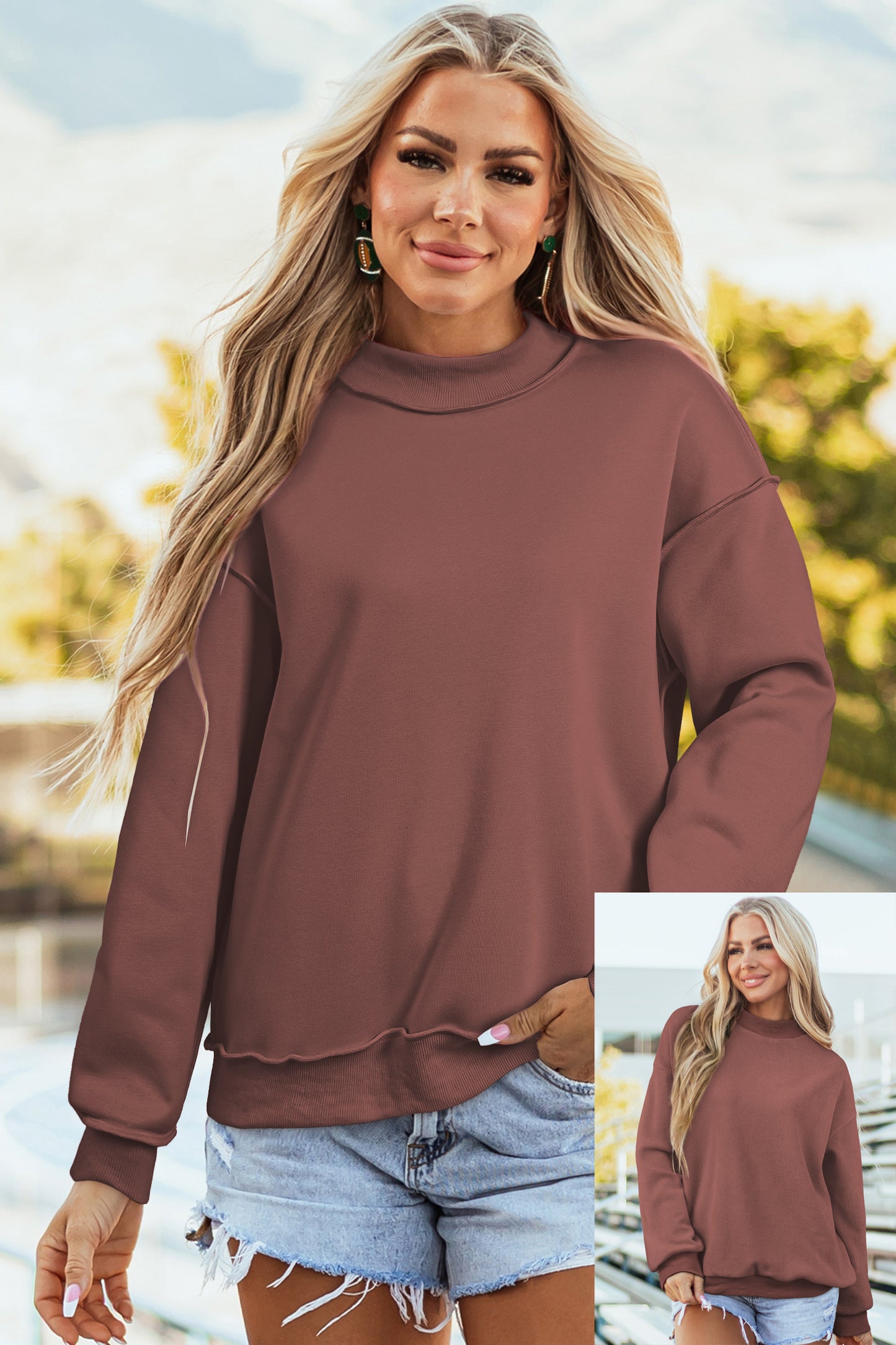 Oversize Drop Shoulder Reversible Mock Neck Sweatshirt