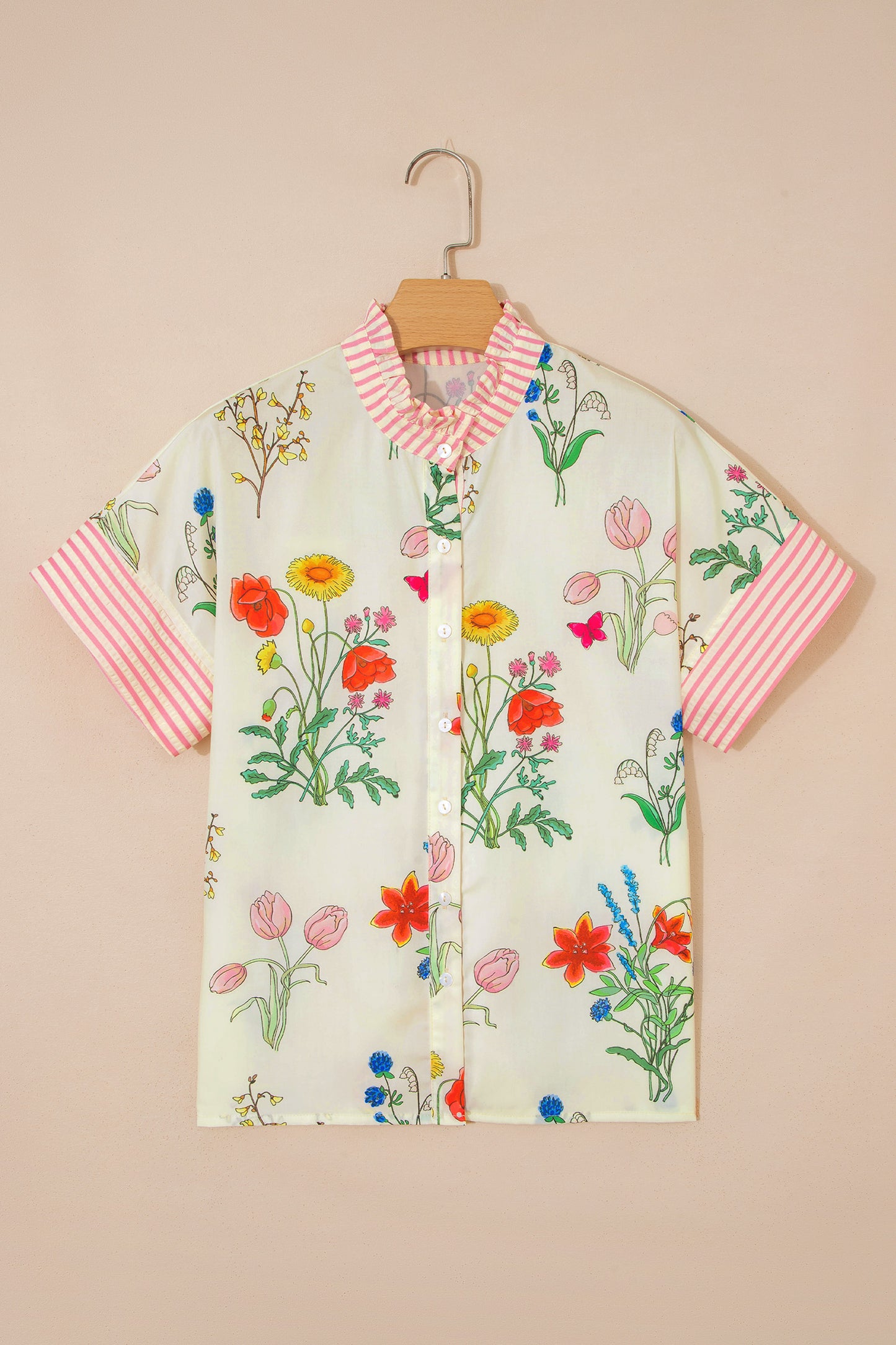 Striped Patchwork Ruffled Collar Short Sleeve Shirt