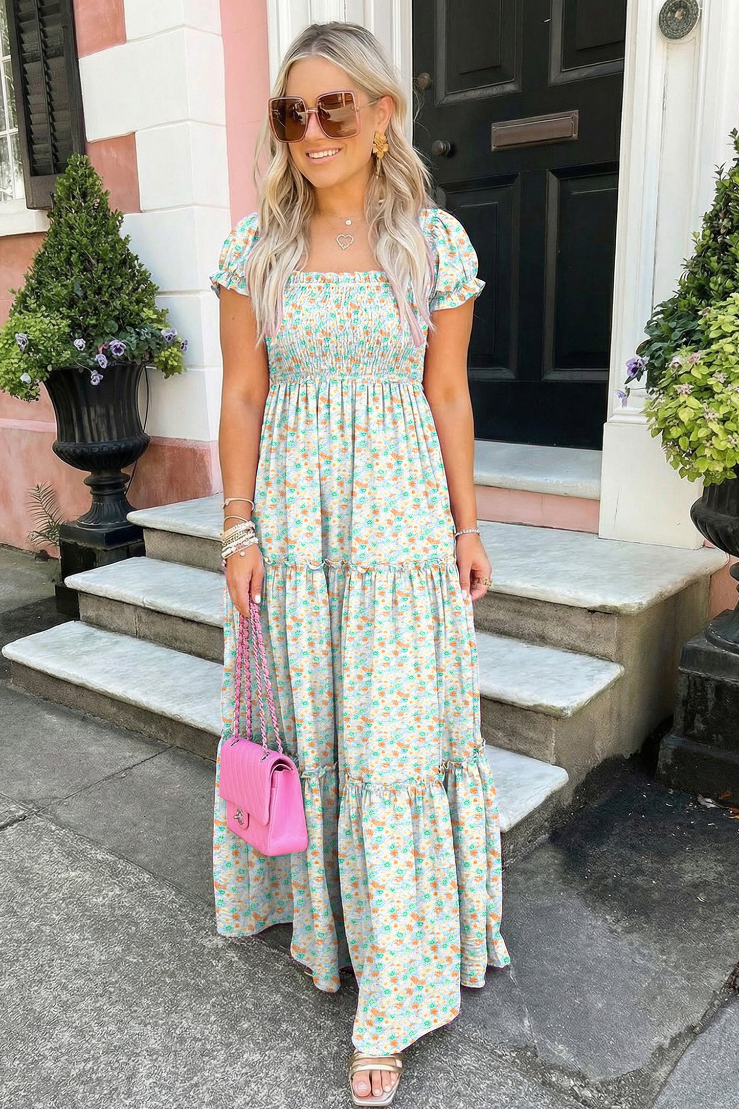 Floral Short Bubble Sleeve Shirred High Waist Maxi Dress