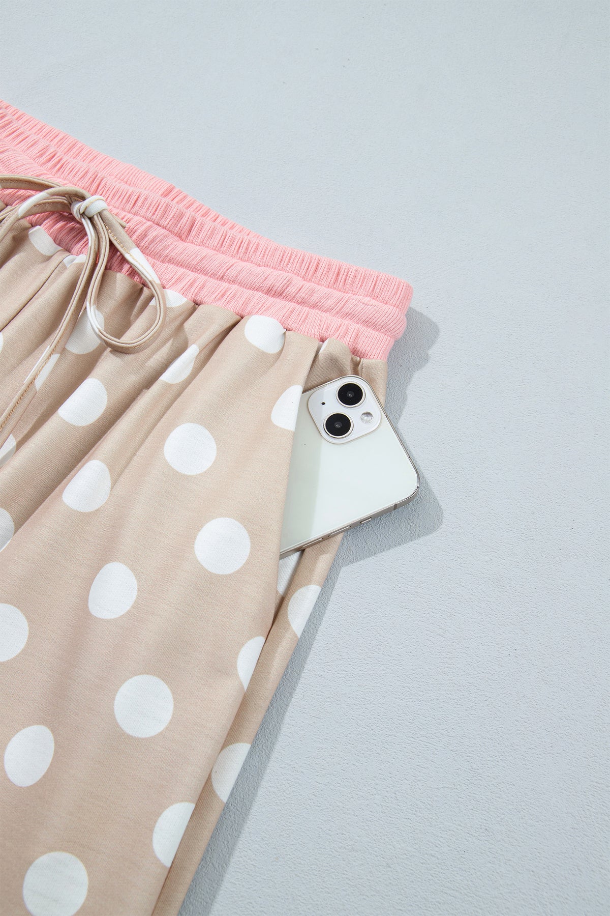 Polka Dot Contrast Trim Long Sleeve Top Drawstring Shift Pants Set
