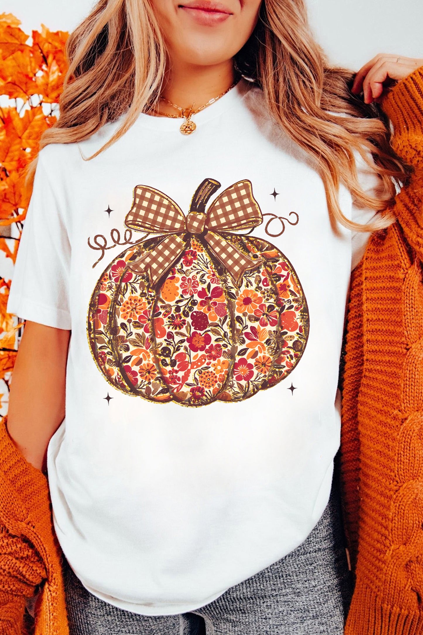 Floral Pumpkin Print Round Neck Short Sleeve T-Shirt