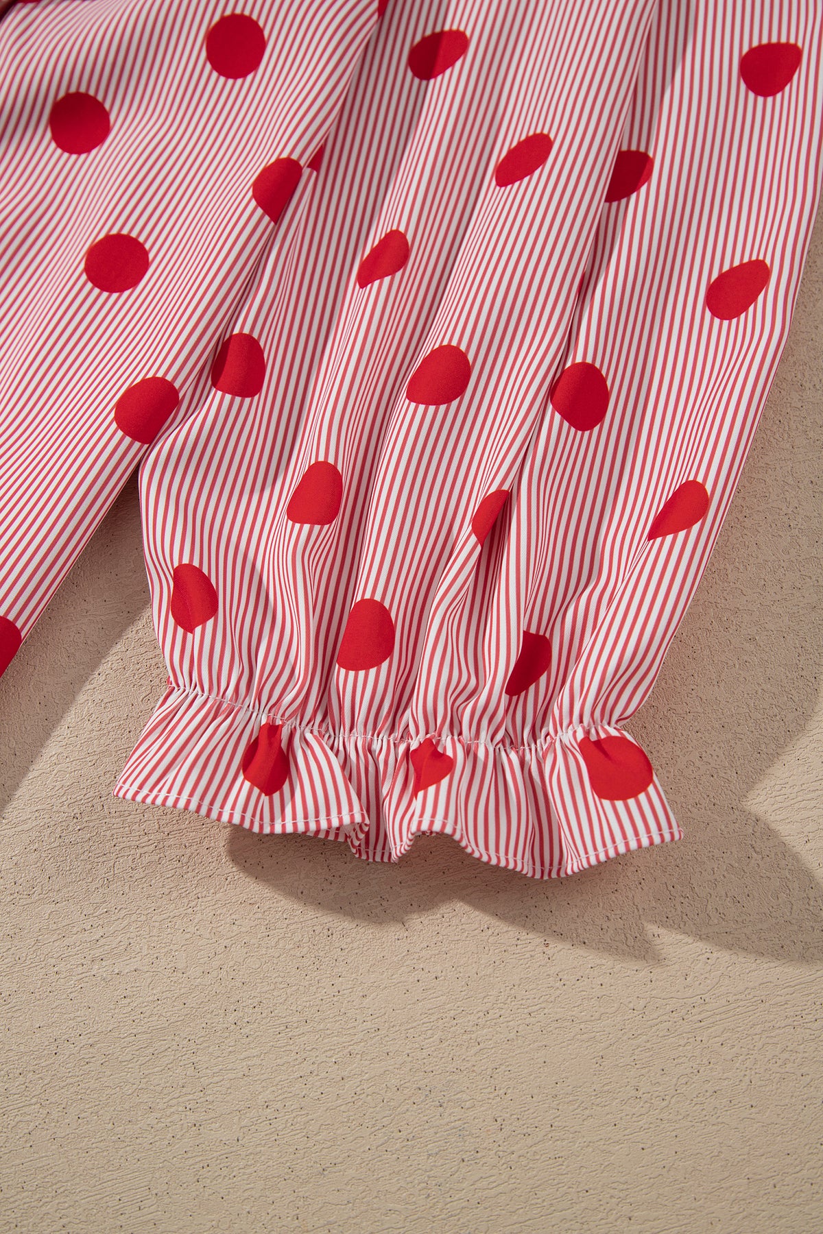 Polka Dot Striped Print Ruffle Stand Neck 3/4 Sleeve Shift Shirt