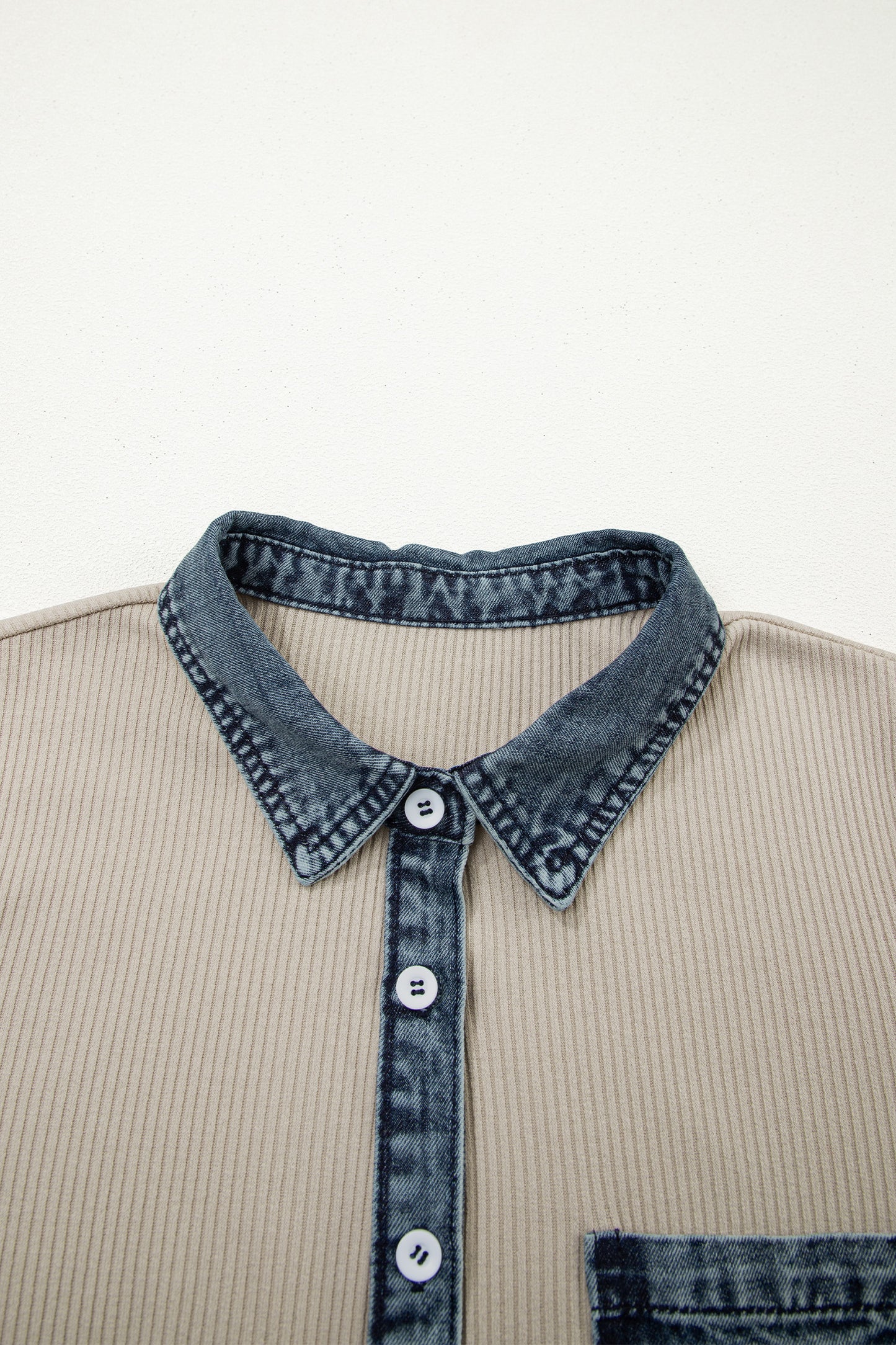 Short Sleeve Ribbed Knit Denim Patchwork Polo Collar Dress