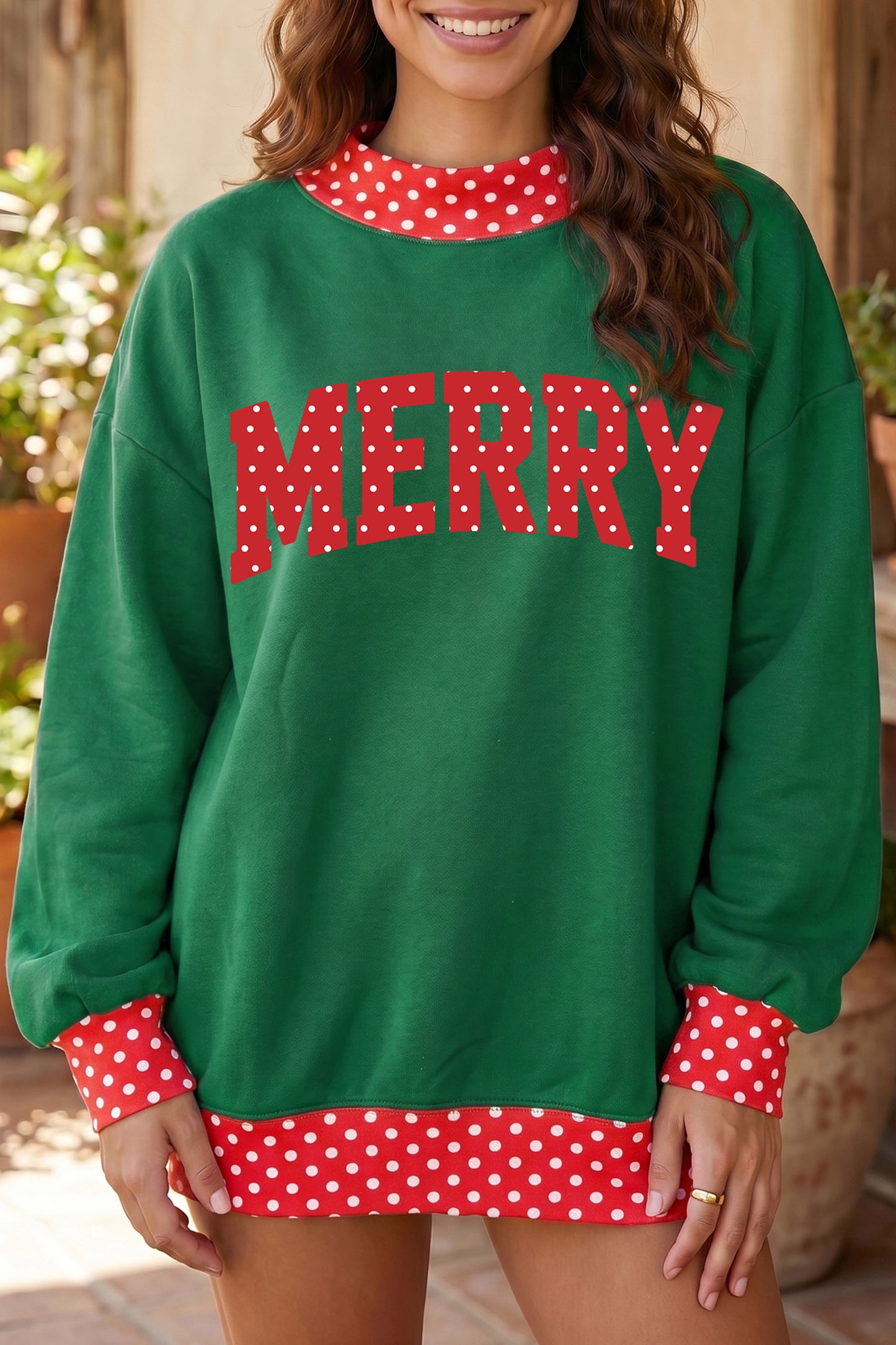 Merry Christmas Slogan Polka Dot Contrast Trim Tunic Sweatshirt