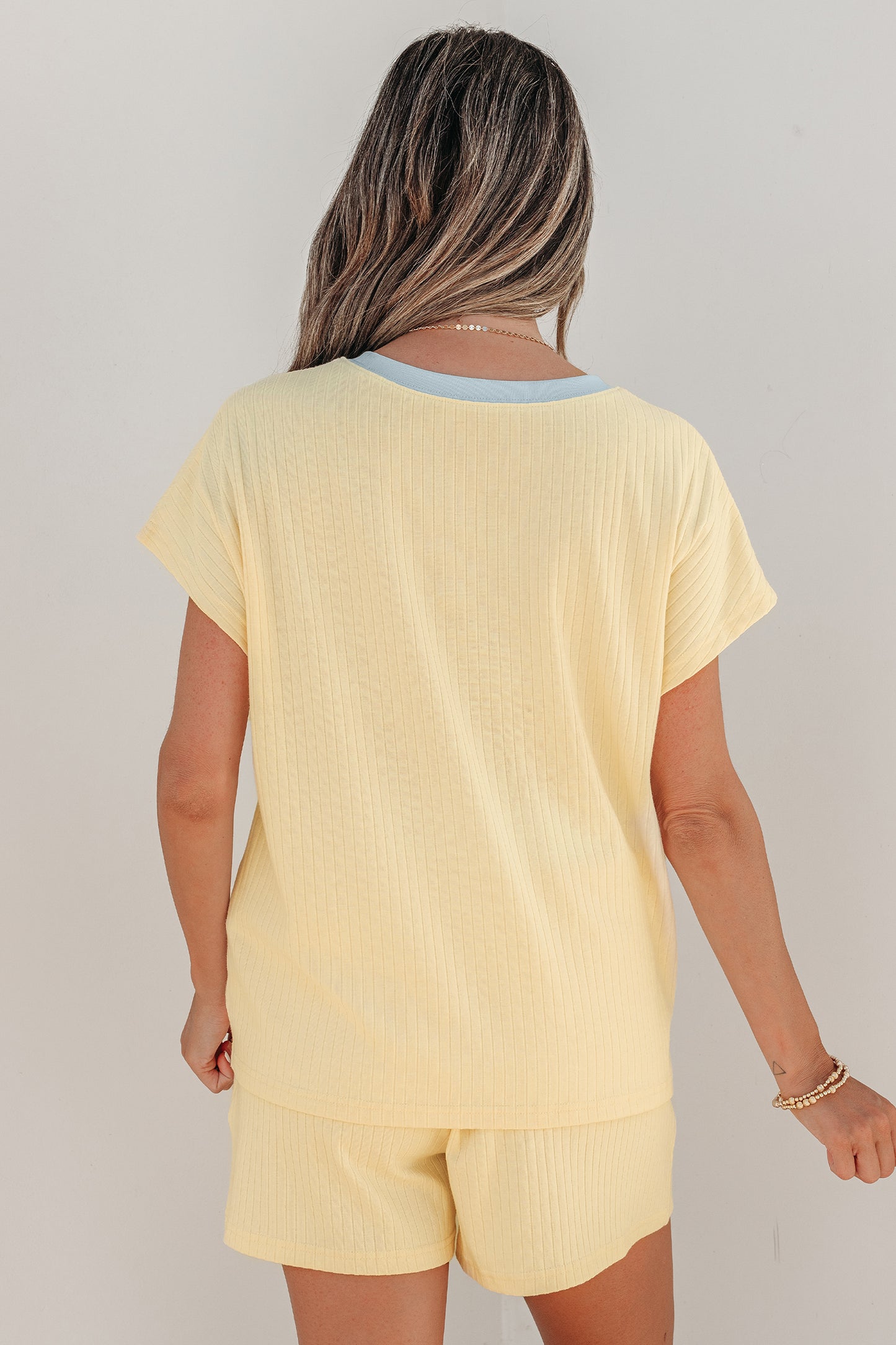 Ribbed Color Block Trim Casual Short Set