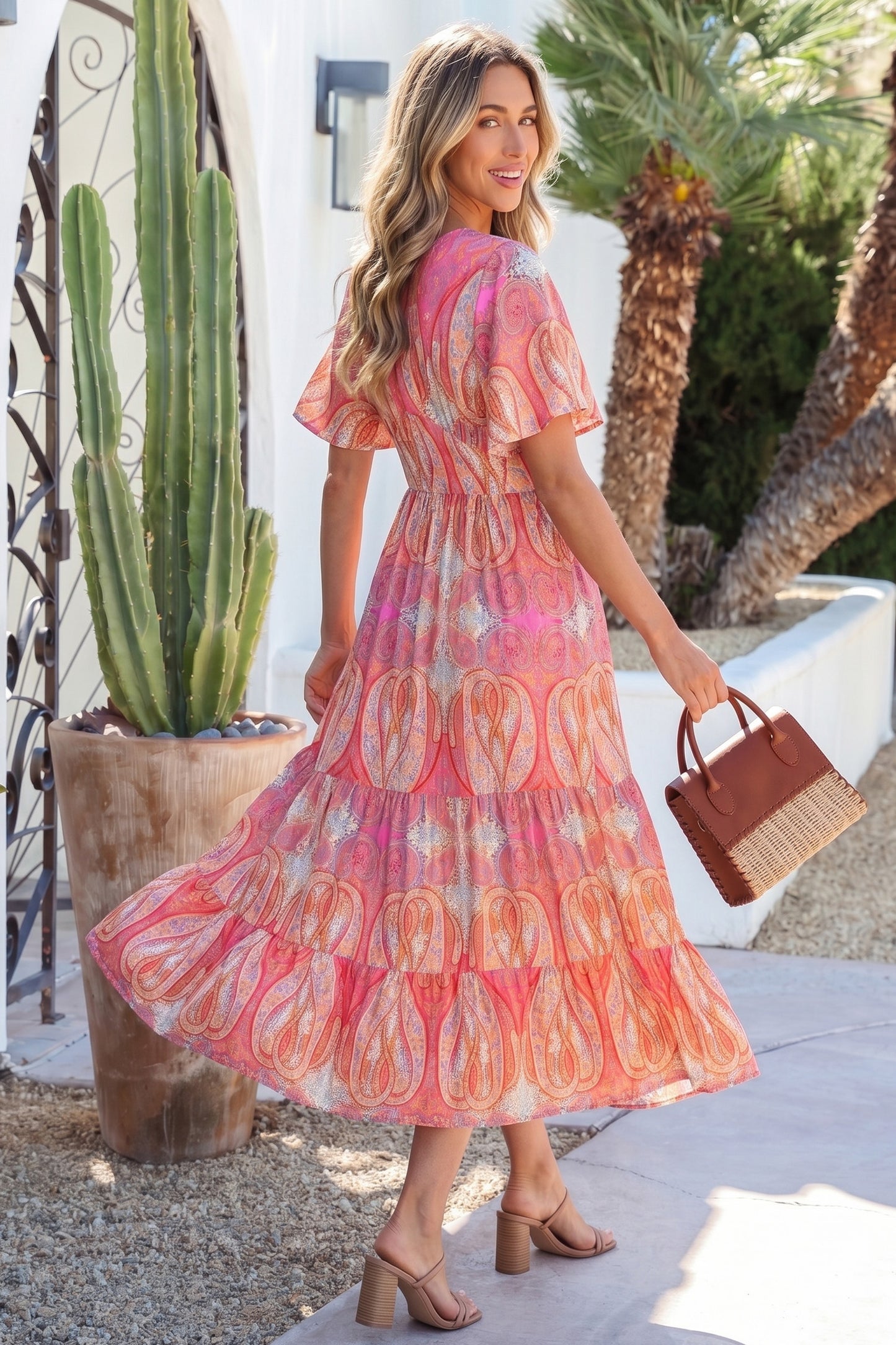 Paisley Print V-Neck Short Sleeve Boho Maxi Dress with Ruffle Details