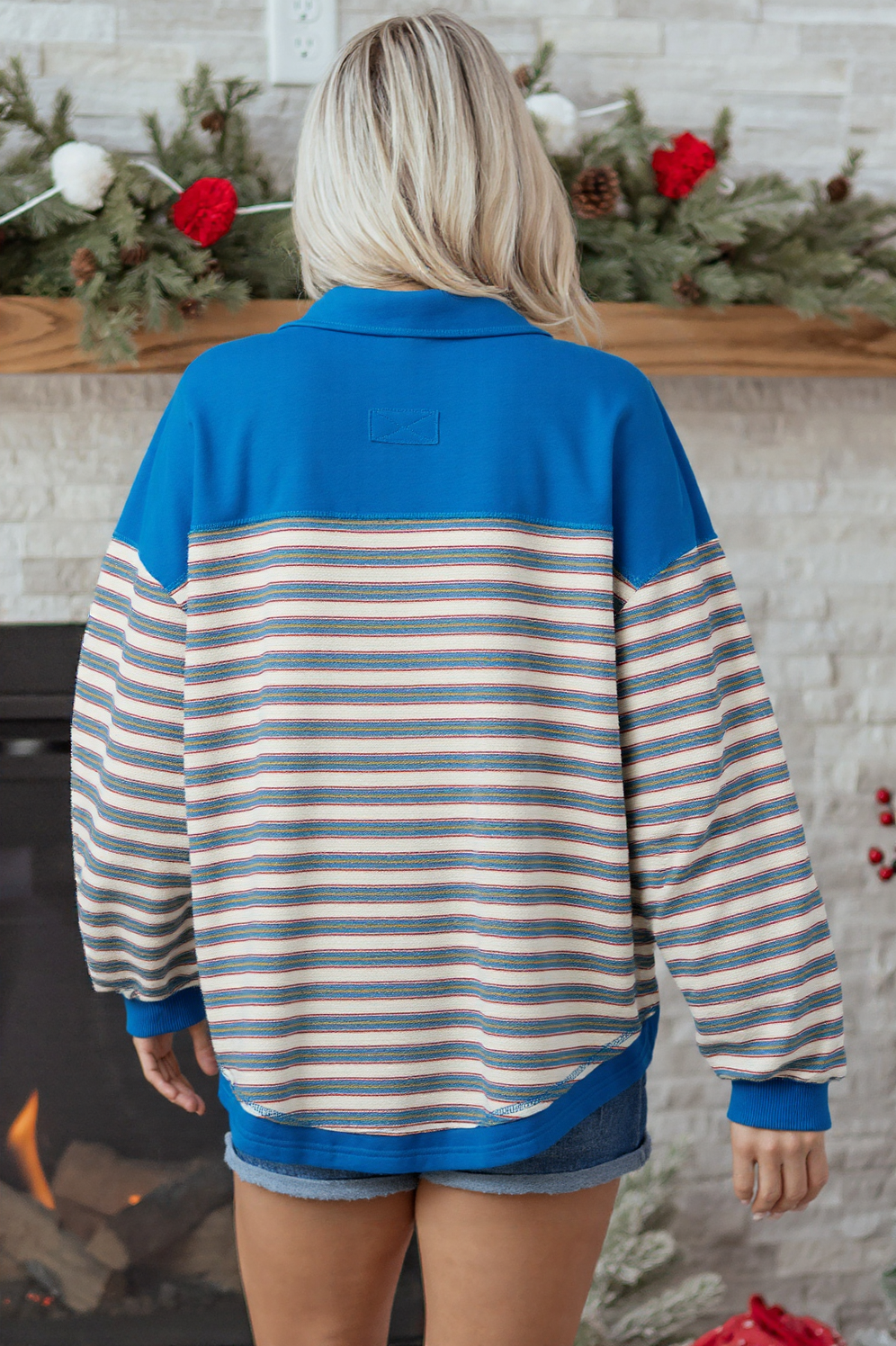 Stripe Buttoned V Neck Collared Drop Shoulder Top