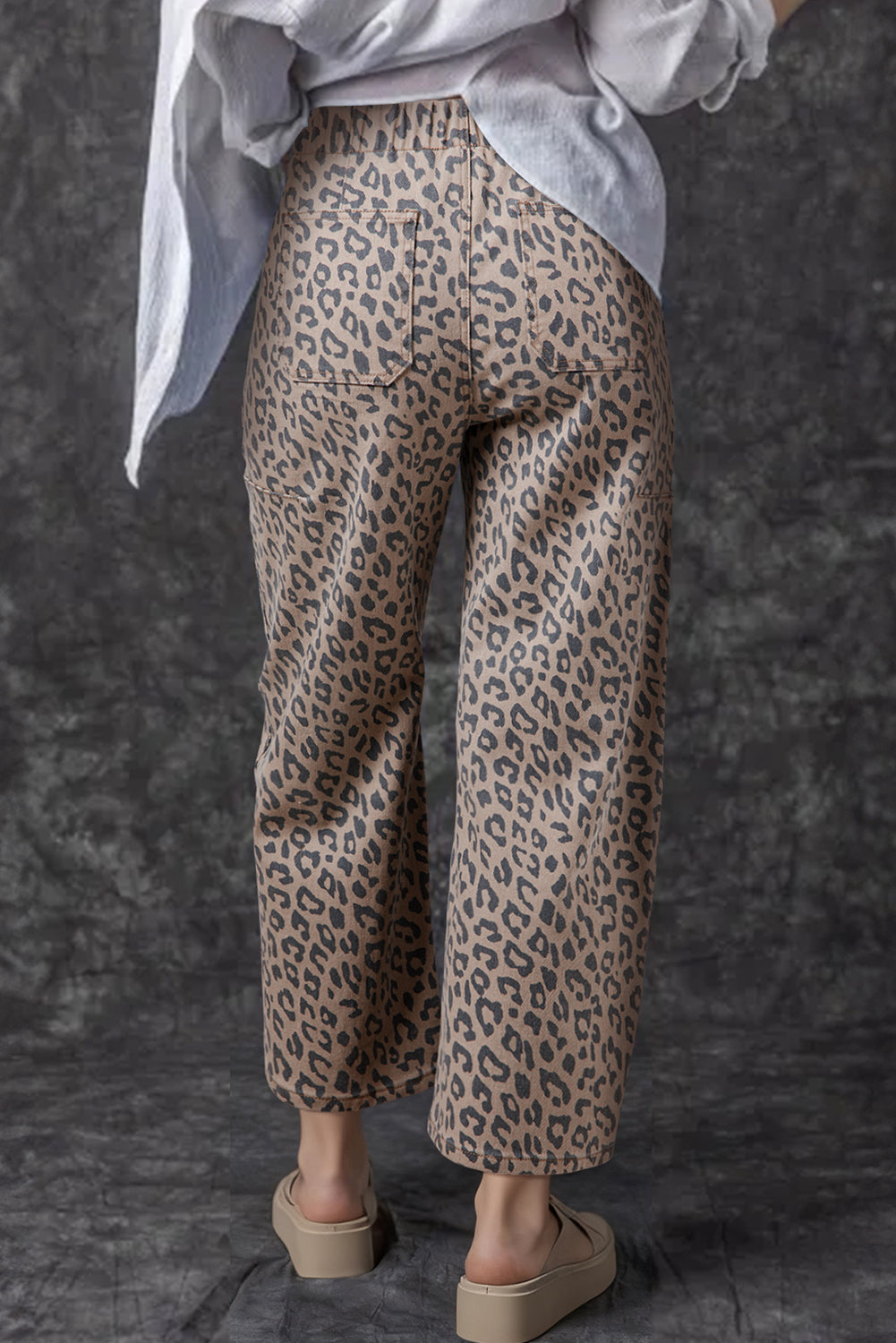 Leopard Printed Drawstring Elastic Waistband Pocketed Barrel Jeans