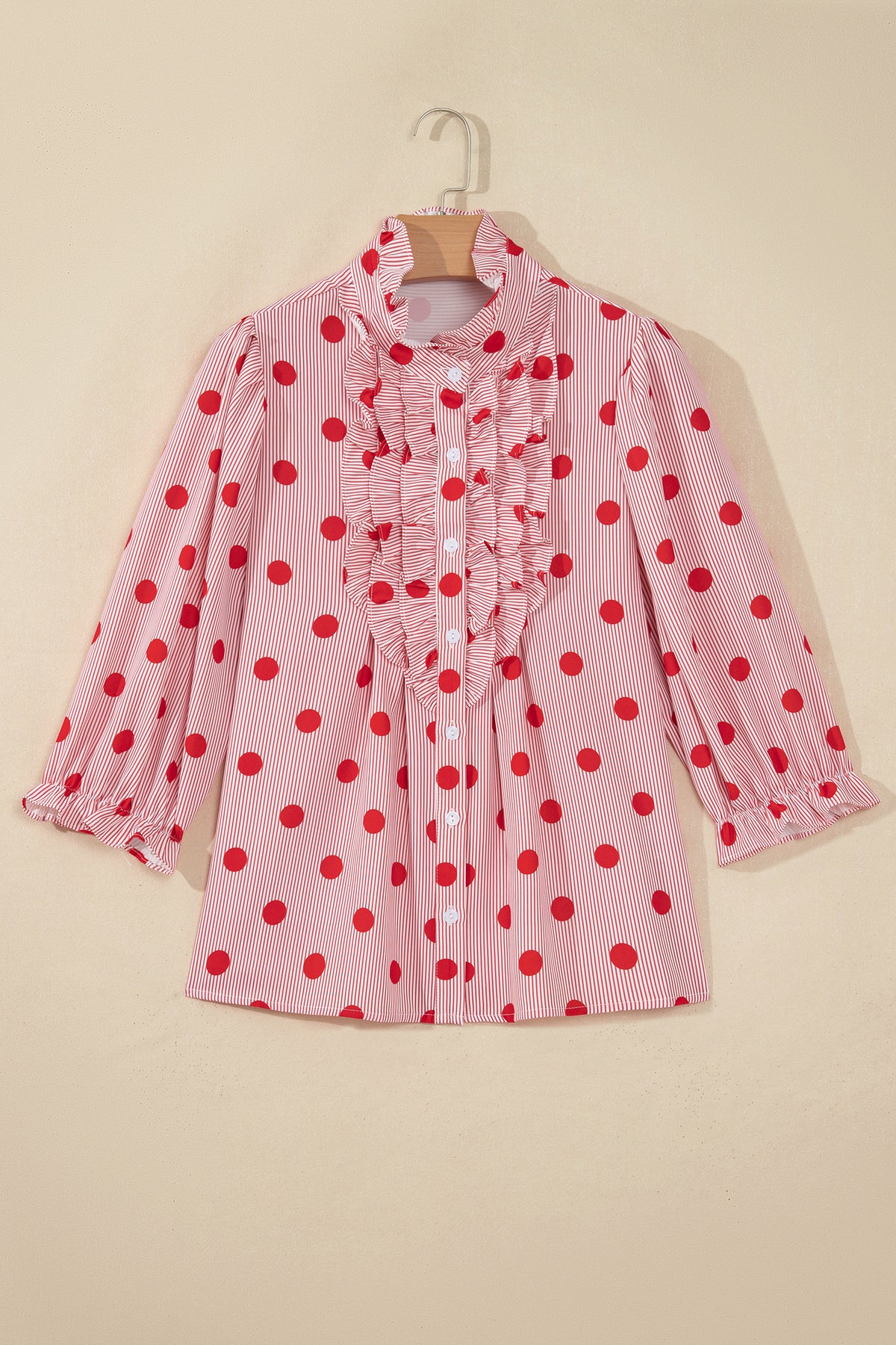Polka Dot Striped Print Ruffle Stand Neck 3/4 Sleeve Shift Shirt