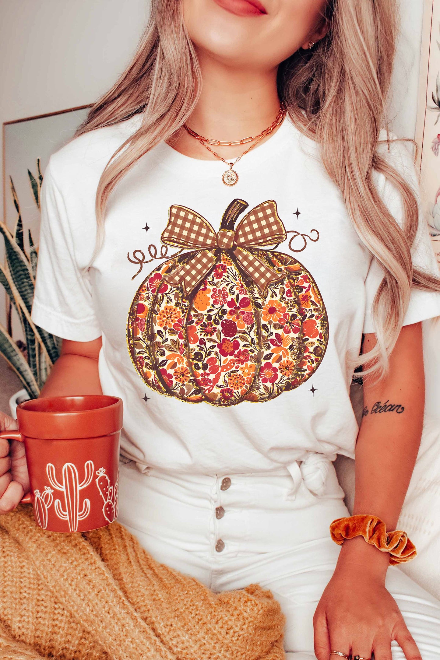 Floral Pumpkin Print Round Neck Short Sleeve T-Shirt