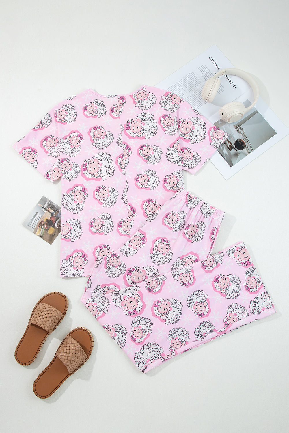 Santa Claus Print V Neck Tee Drawstring Pants 2pcs Lounge Set