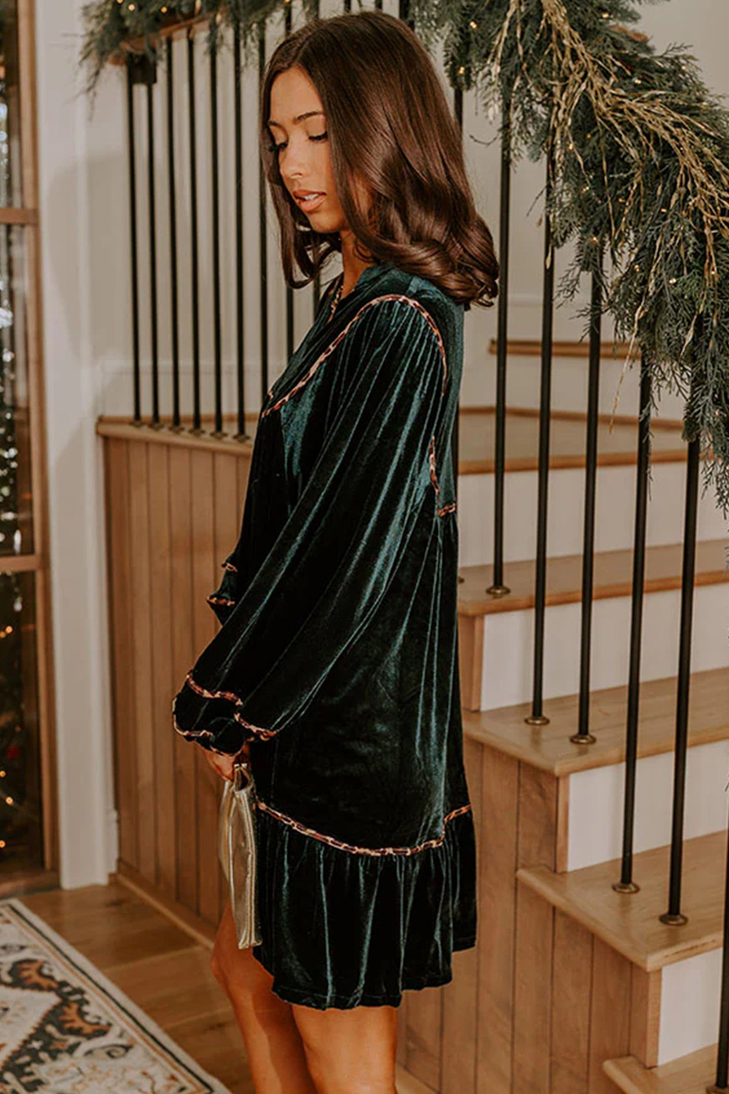 Leopard Trim Velvet Long Sleeve Shift Dress