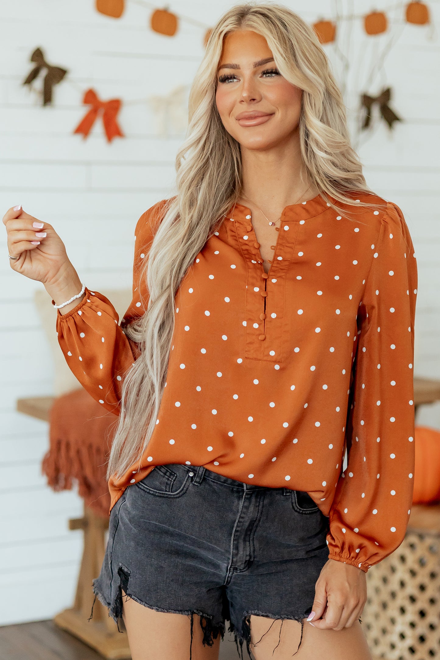 Polka Dot Half Button V Neck Long Sleeve Blouse