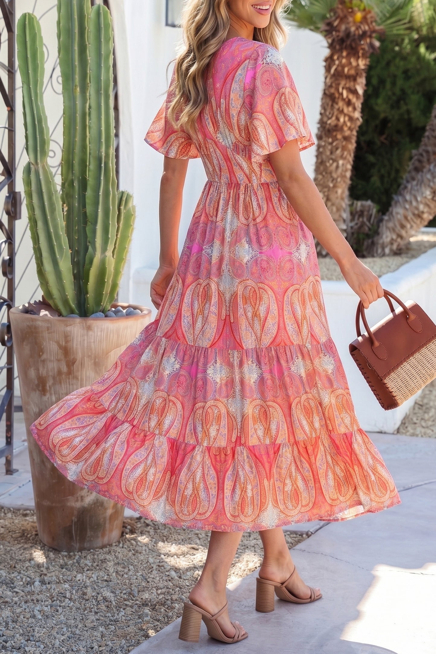 Paisley Print V-Neck Short Sleeve Boho Maxi Dress with Ruffle Details