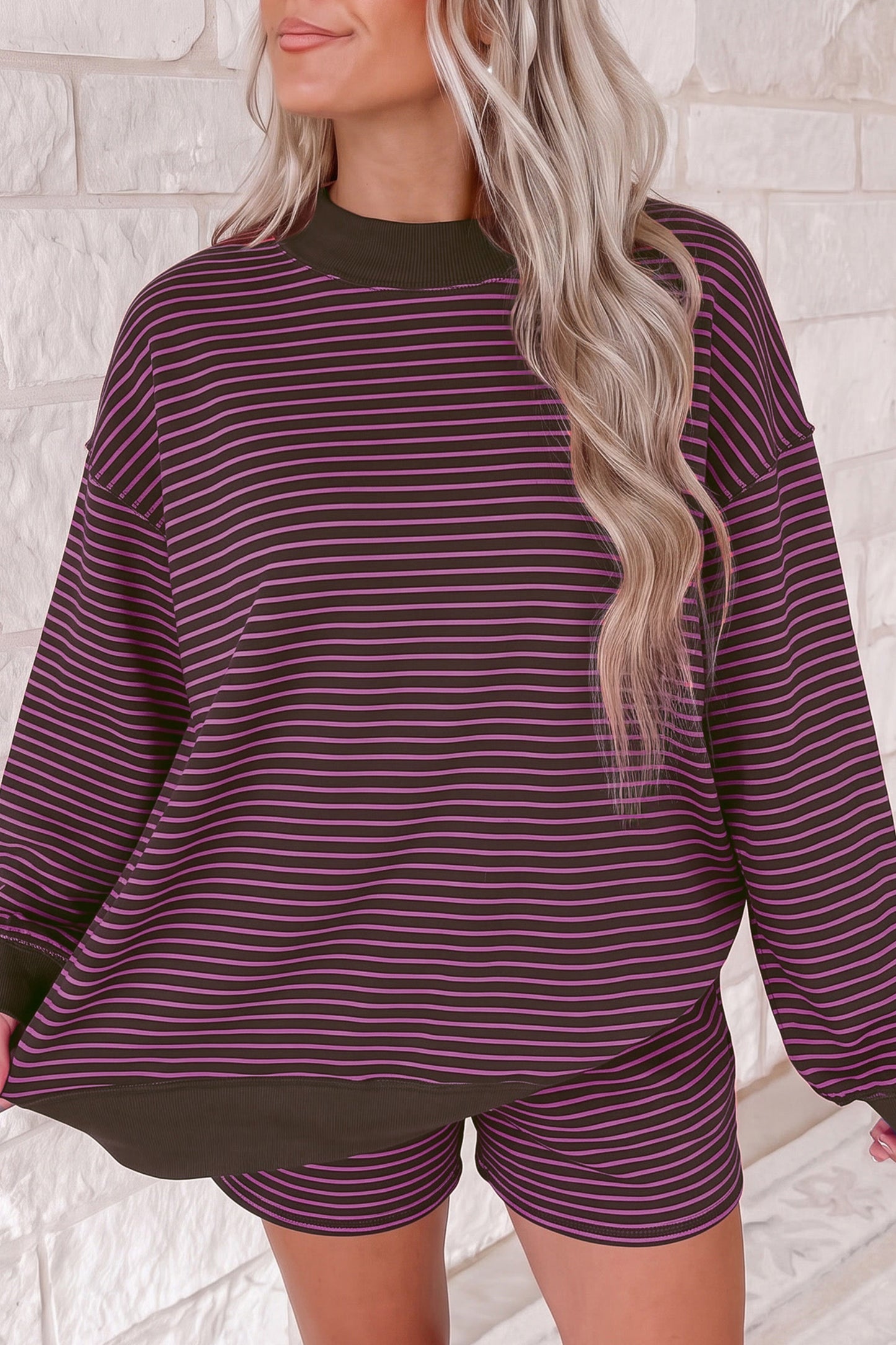 Stripe Ribbed Patchwork Mock Neck Baggy Pullover Matching Shorts Set