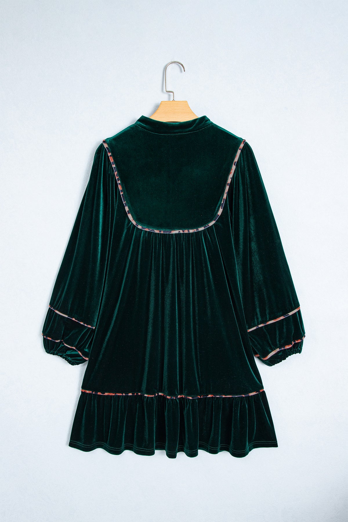 Leopard Trim Velvet Long Sleeve Shift Dress