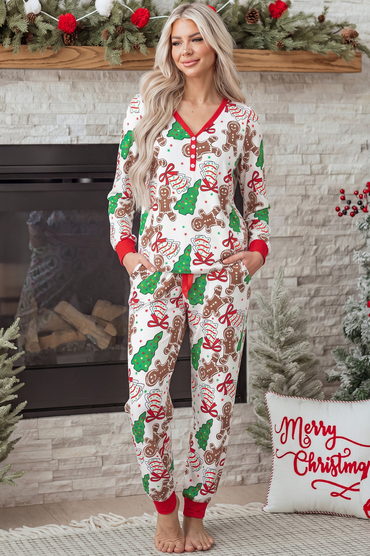Christmas Pattern Button V Neck Pullover Drawstring Pants 2pcs Lounge Set
