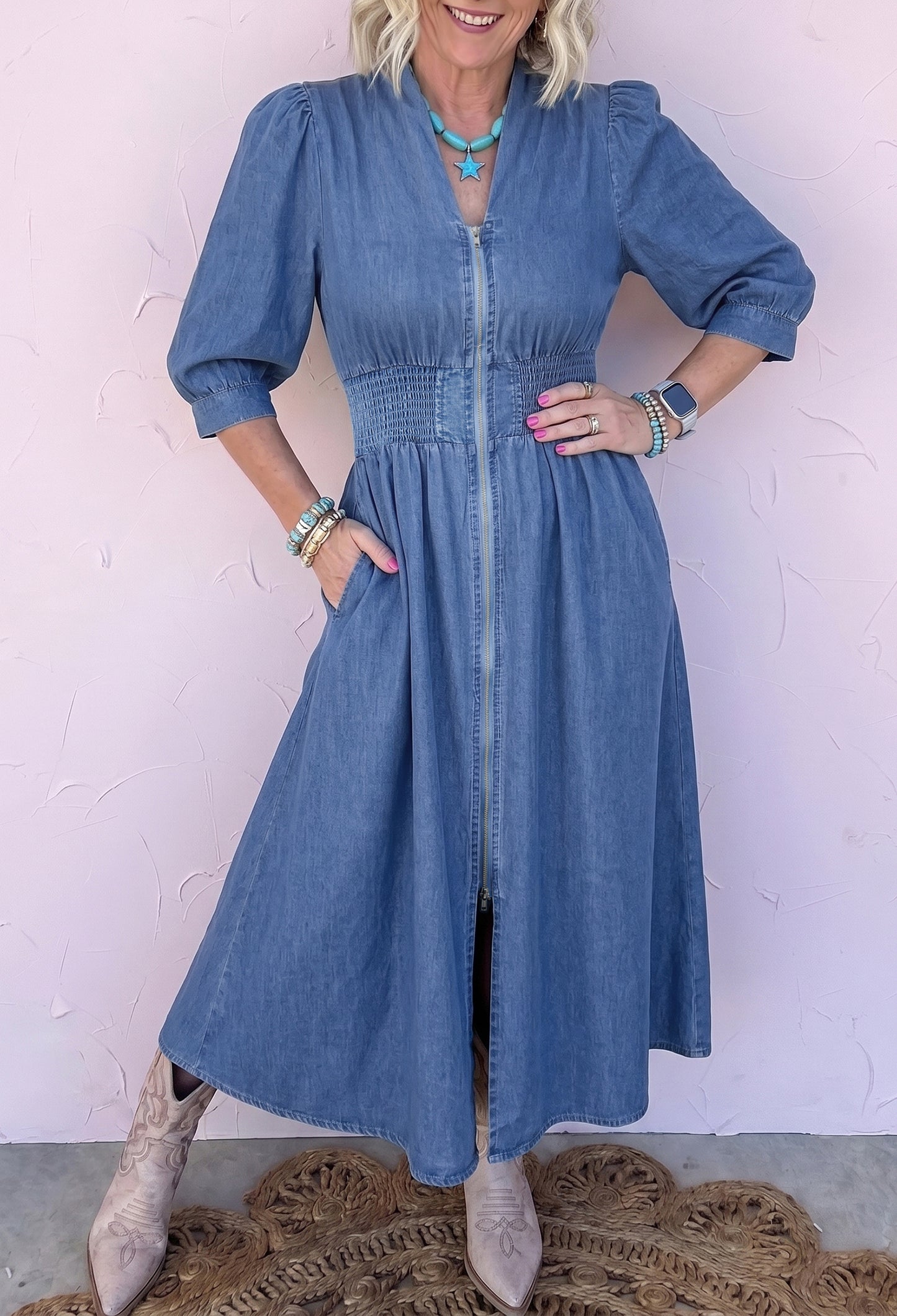 V Neck Shirred Waist Metal Zipper Denim Midi Dress