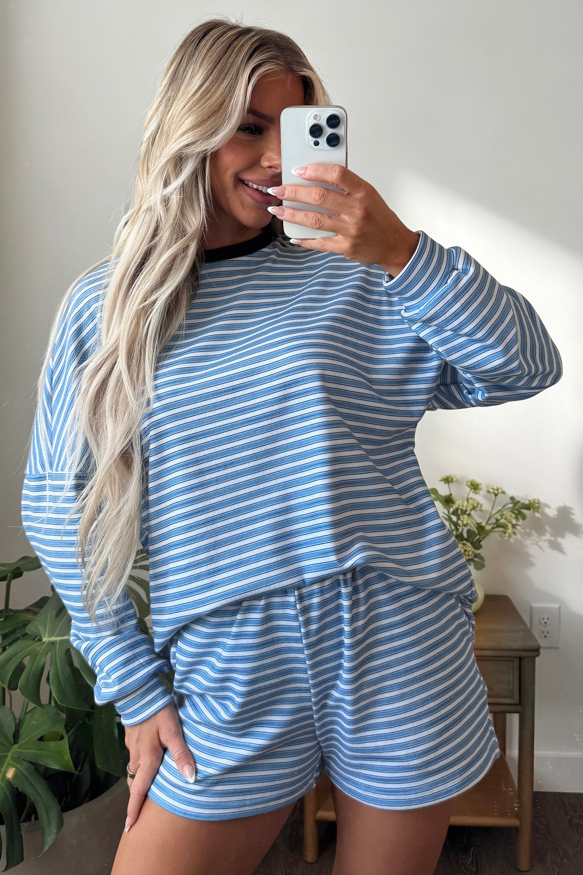 Stripe Long Sleeve Oversized Top Pocketed Casual Shorts Two Piece Set