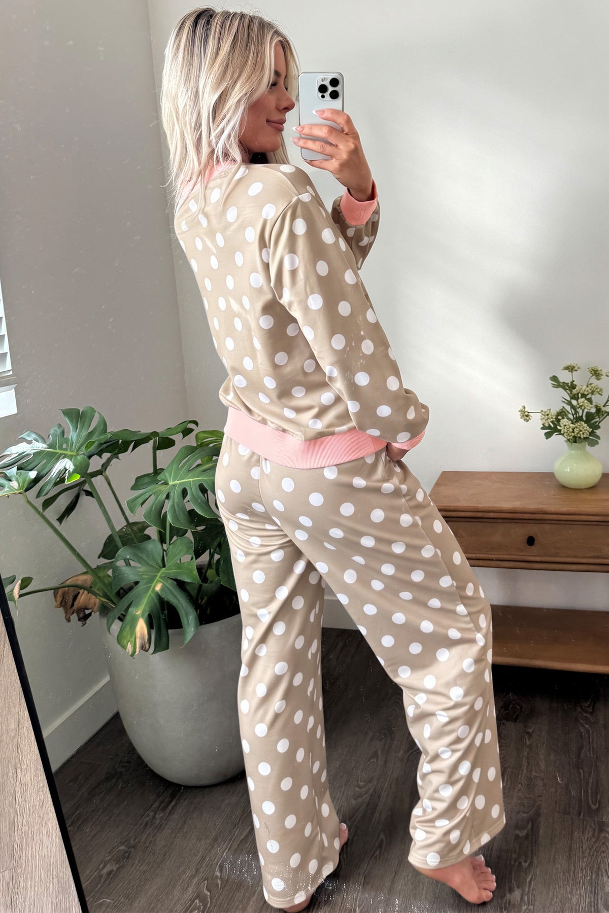 Polka Dot Contrast Trim Long Sleeve Top Drawstring Shift Pants Set