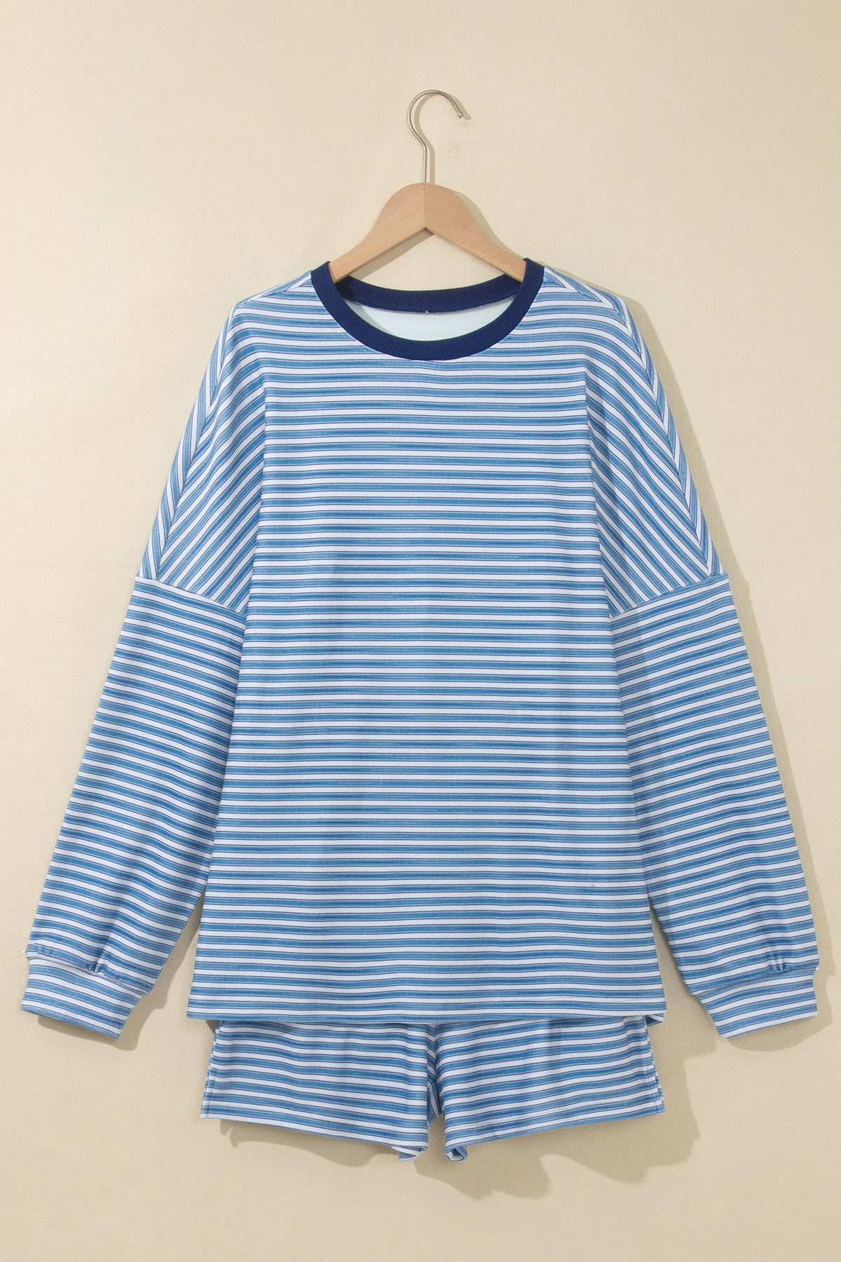 Stripe Long Sleeve Oversized Top Pocketed Casual Shorts Two Piece Set
