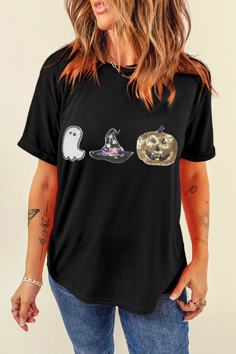 Halloween Sequin Pattern Patched Crewneck Tee