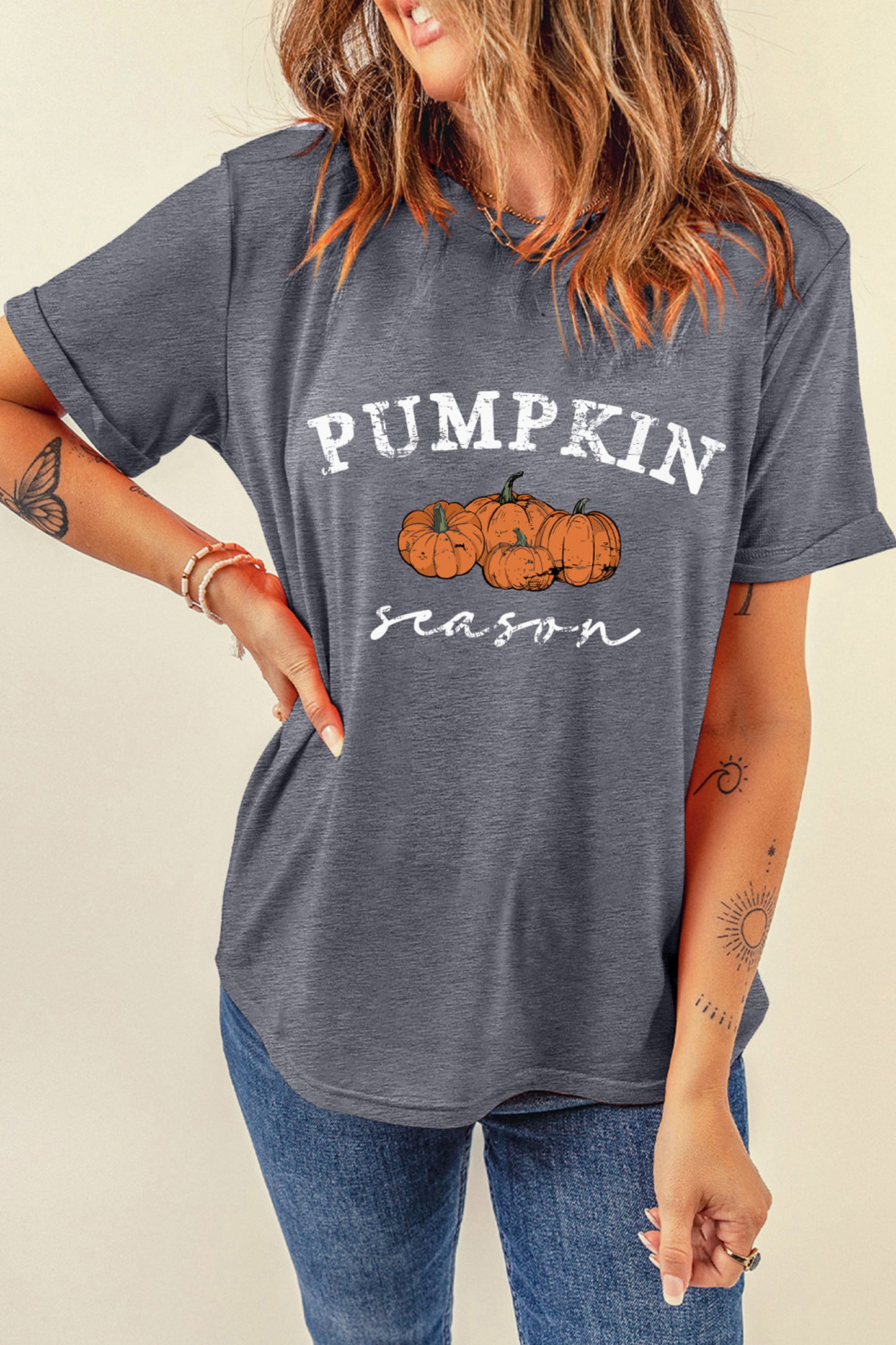 Pumpkin Season Graphic Round Neck Short Sleeve T-Shirt