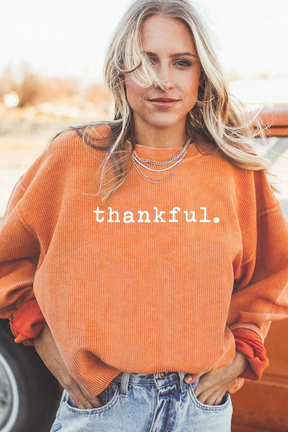 Thankful Ribbed Crew Neck Thanksgiving Sweatshirt