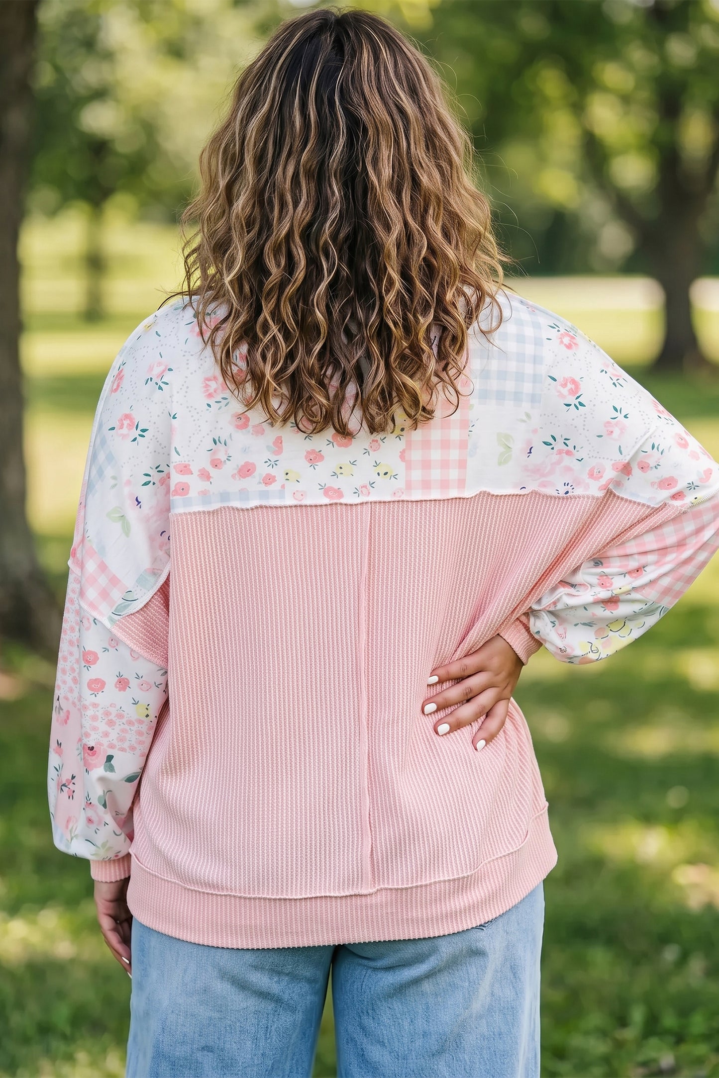 Patchwork Floral Print Long Sleeve Tunic Plus Size Blouse