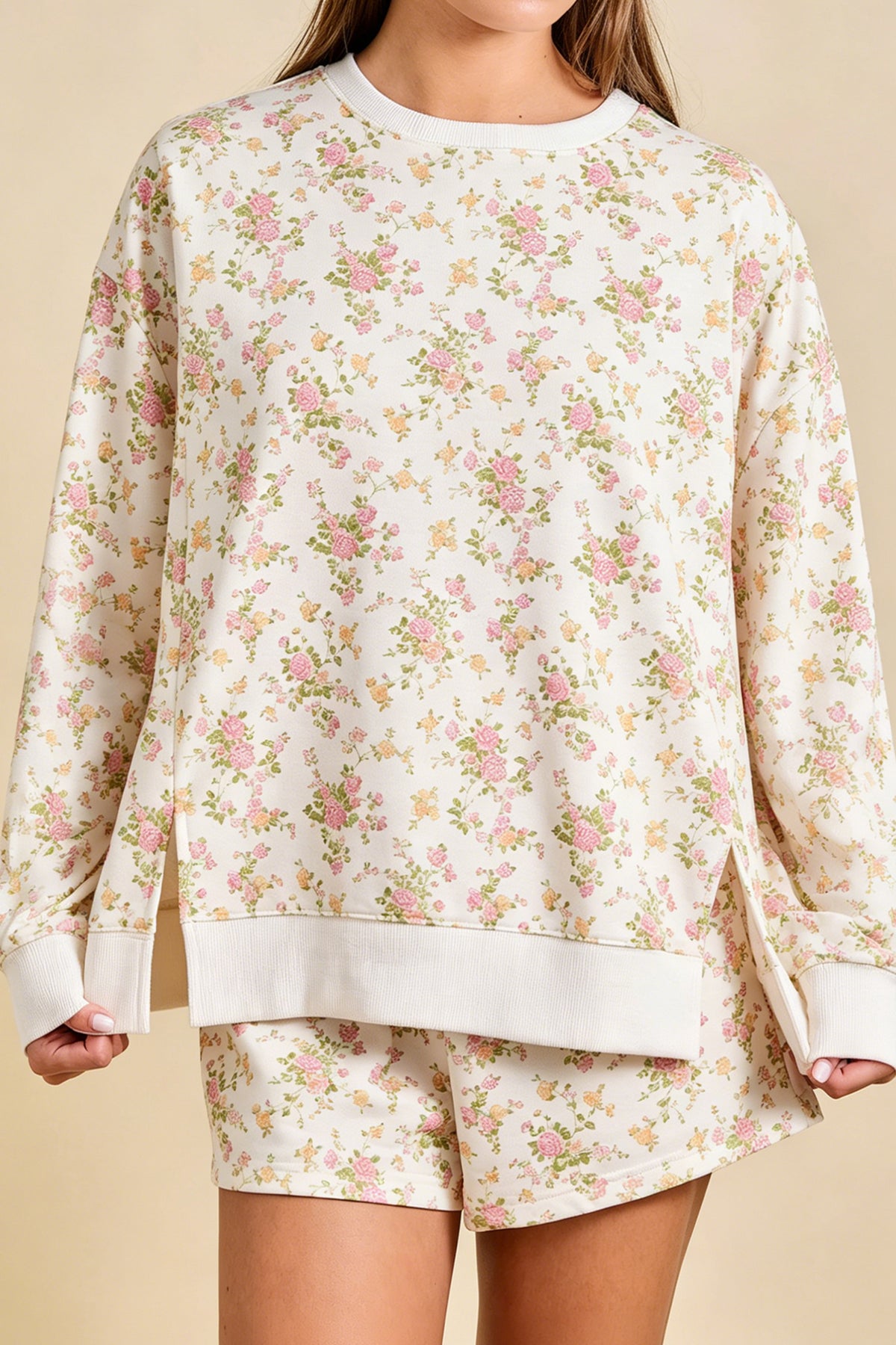Floral Print Long Sleeve Shift Top Pocketed Shorts 2pcs Set
