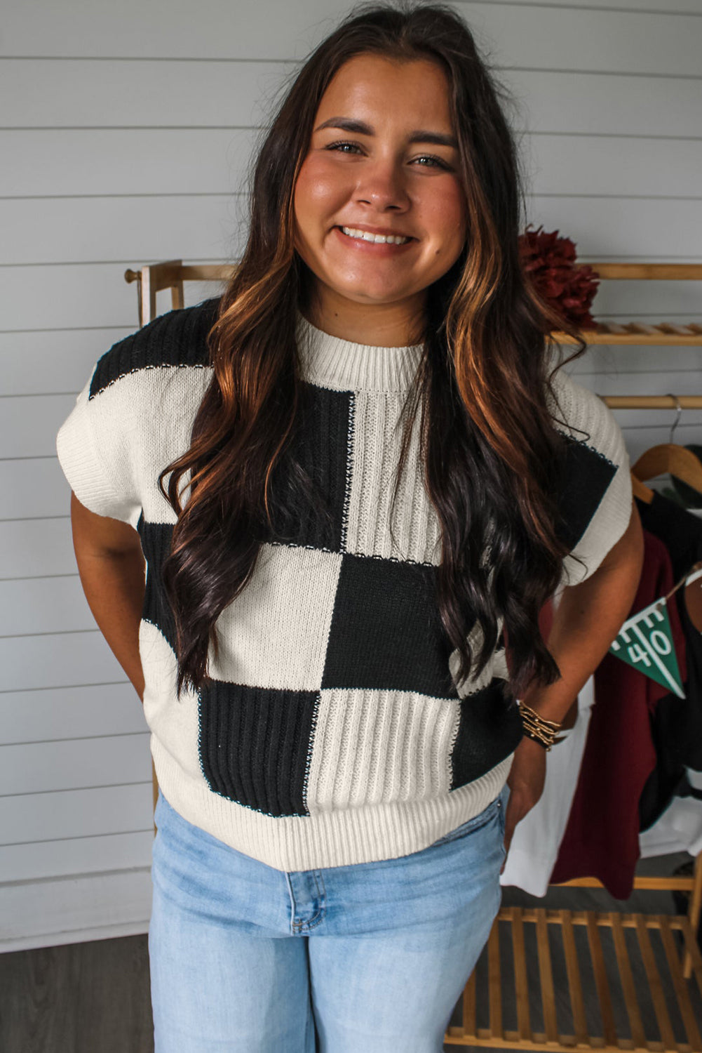 Checkered Color Block Short Sleeve Sweater
