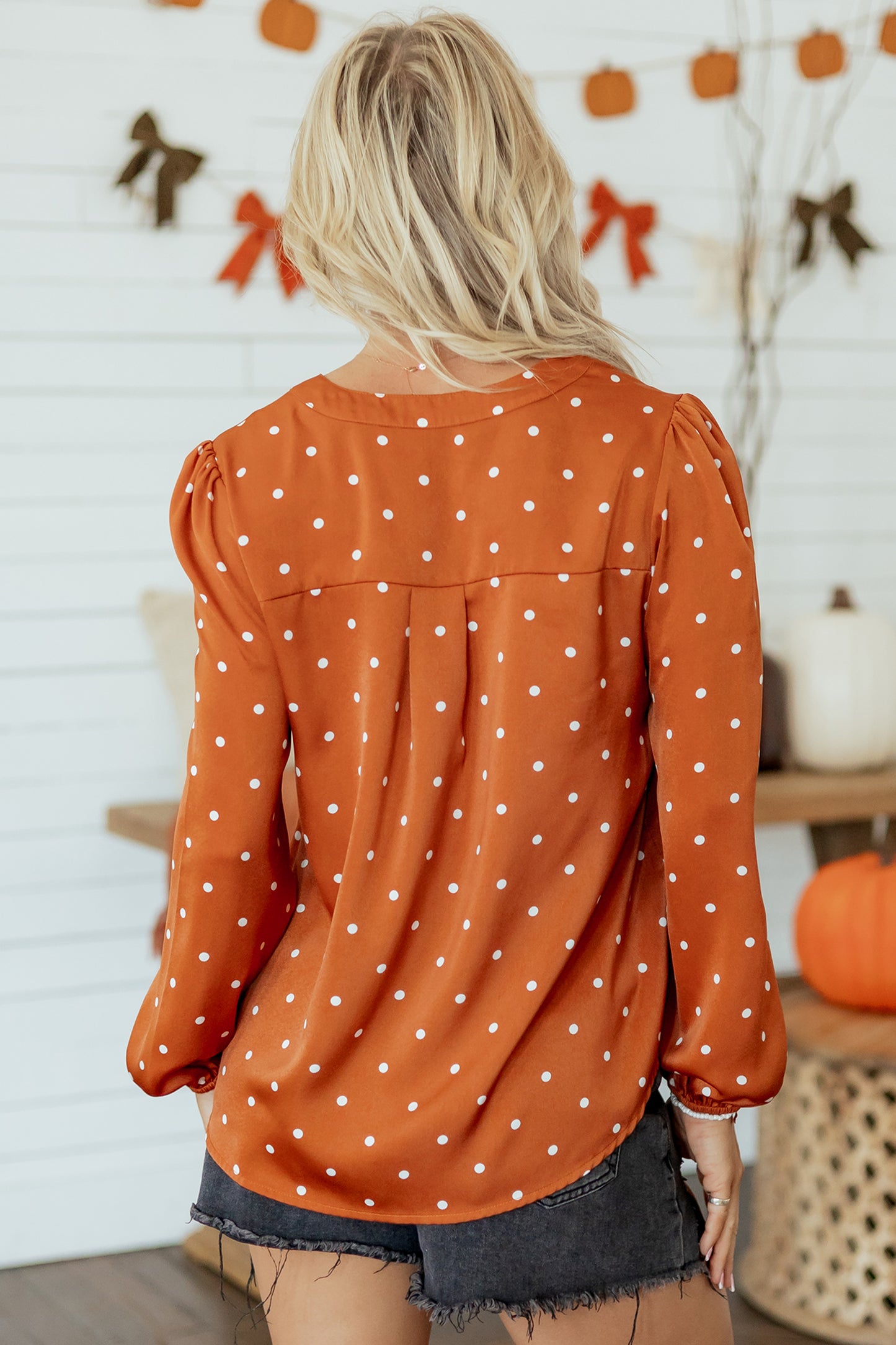 Polka Dot Half Button V Neck Long Sleeve Blouse
