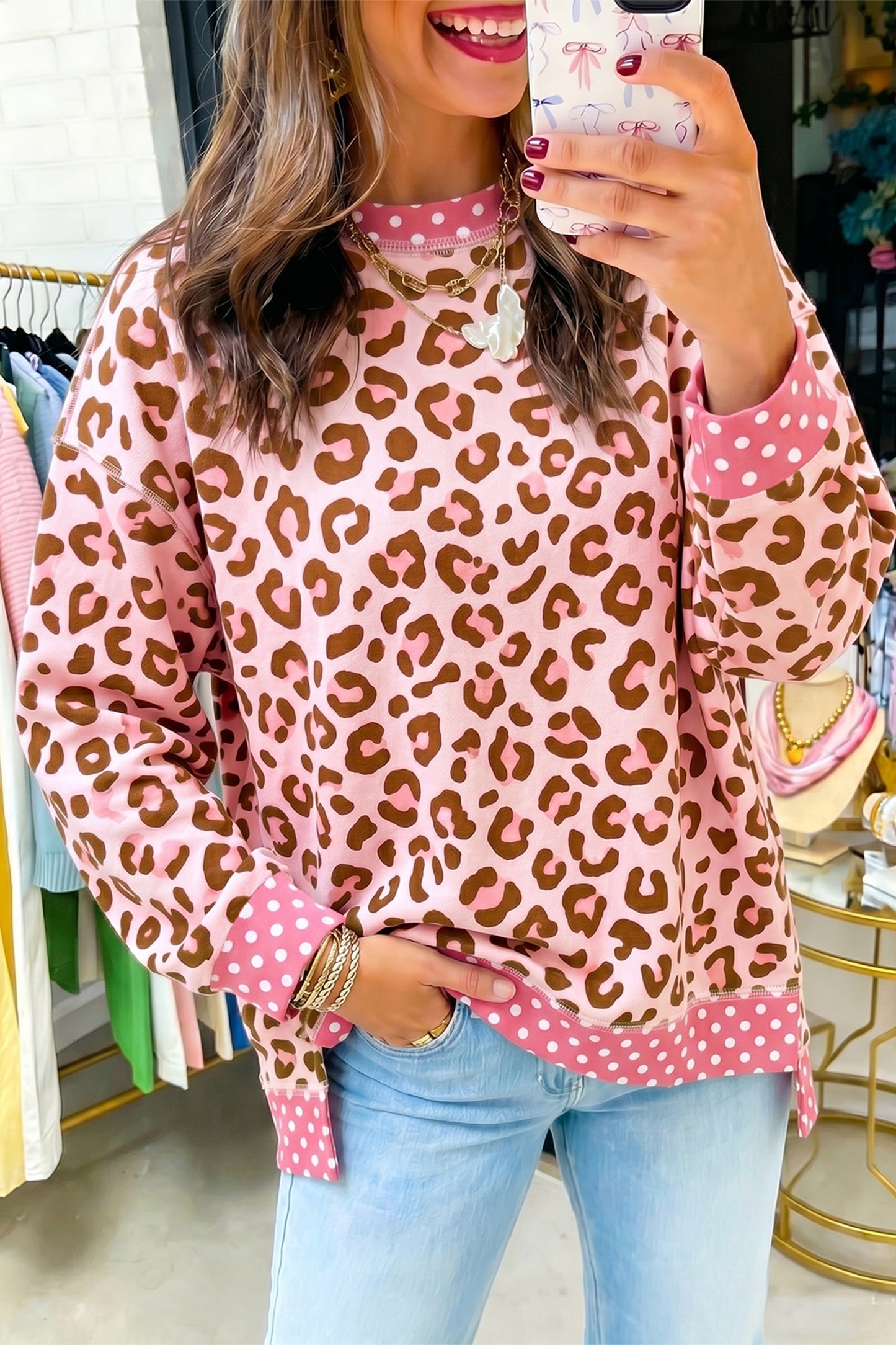 Leopard Polka Dot Colorblock Trim Long Sleeve Top
