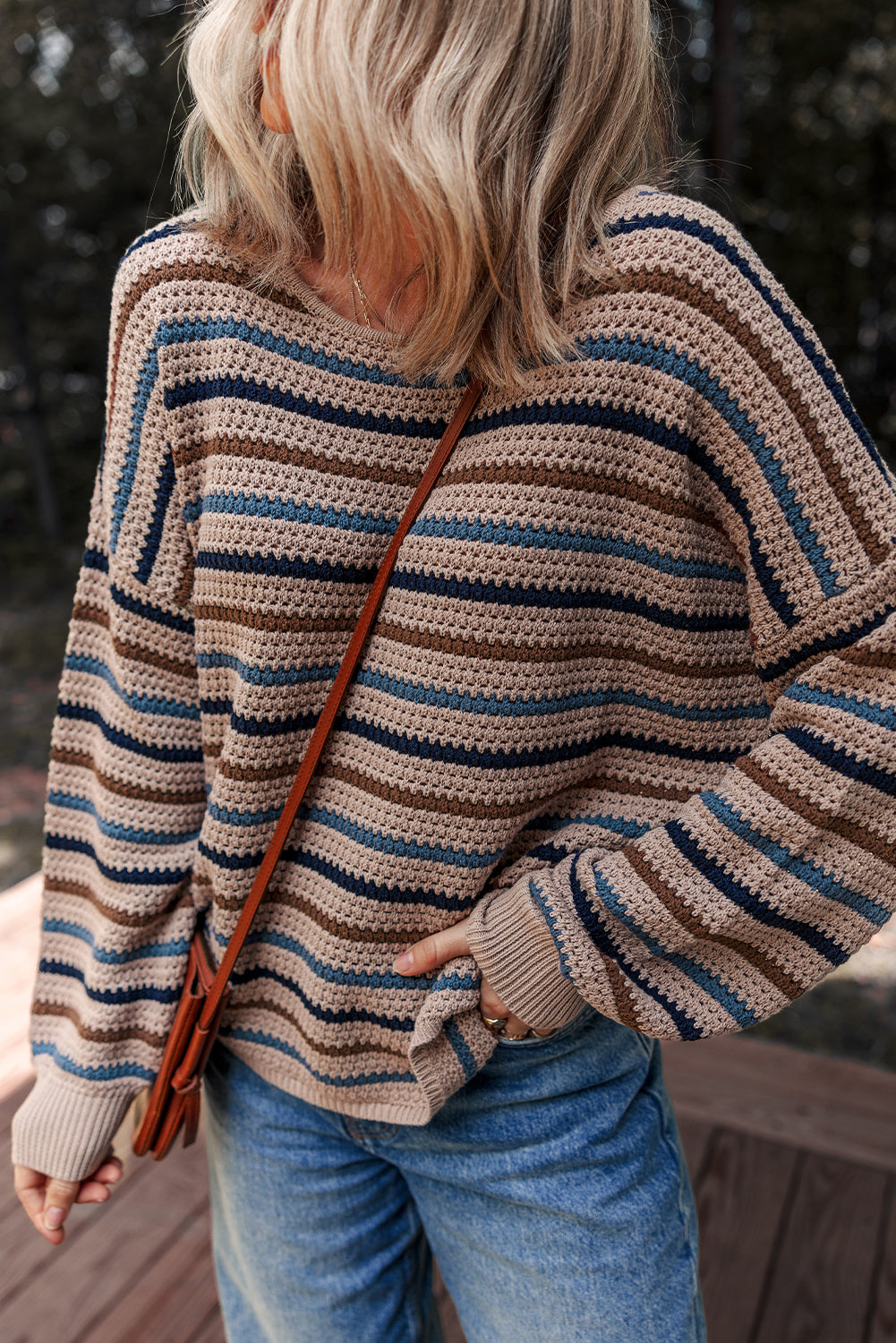 Striped Knitted Drop Shoulder Round Neck Sweater