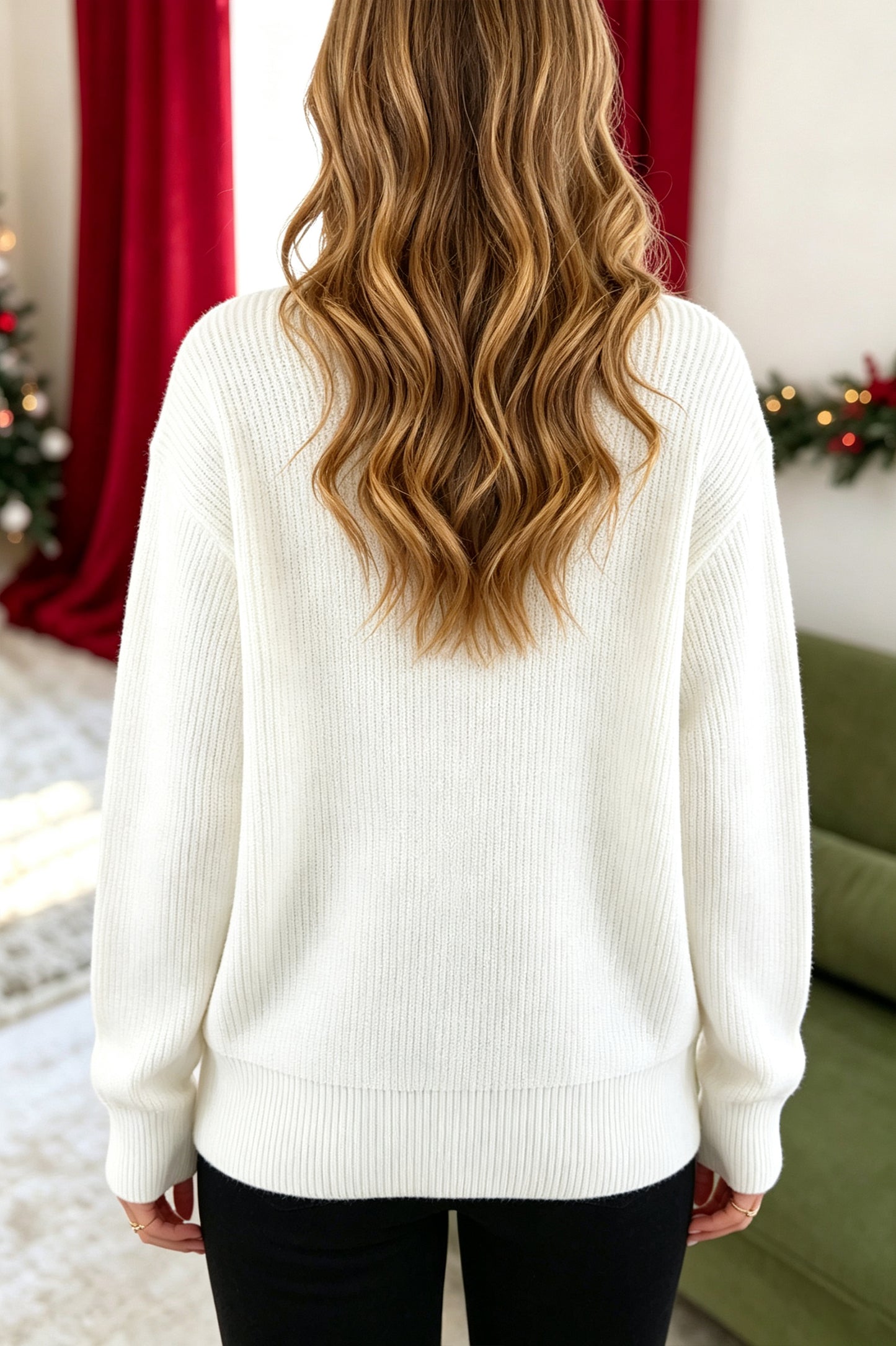 Christmas Wreath Pattern Round Neck Casual Sweater